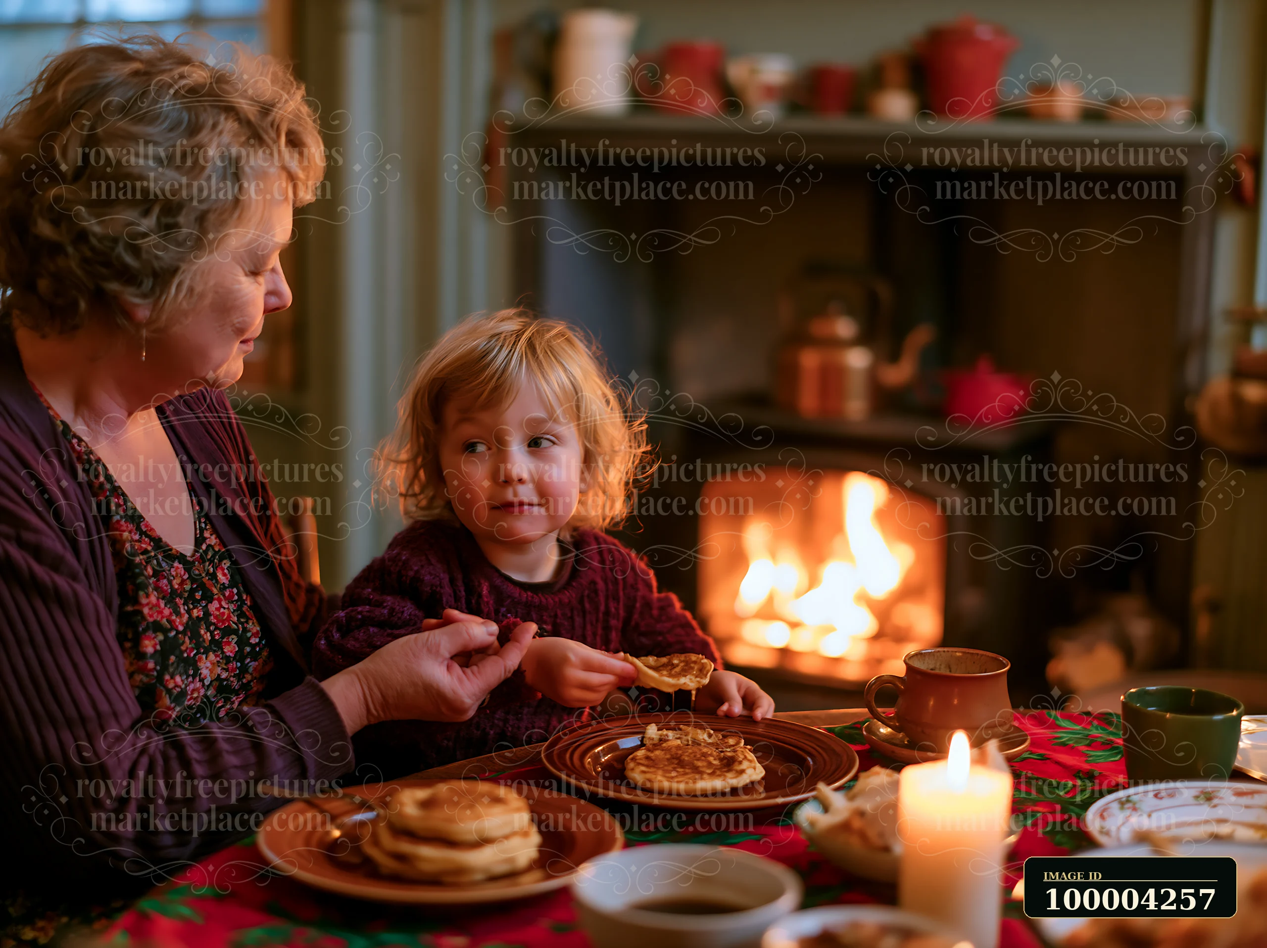 A family shares breakfast together in a cozy room near a fireplace.