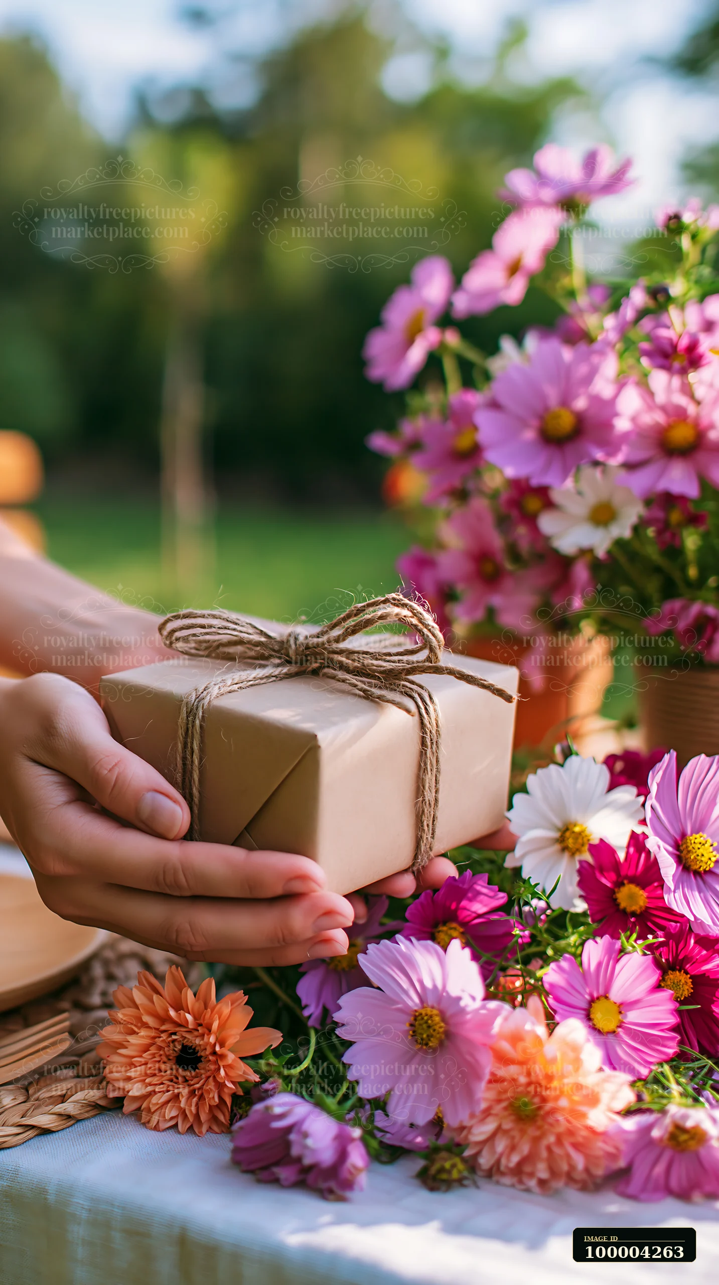 Hand holding a blank twine-wrapped gift box surrounded by colorful blossoms outdoors.