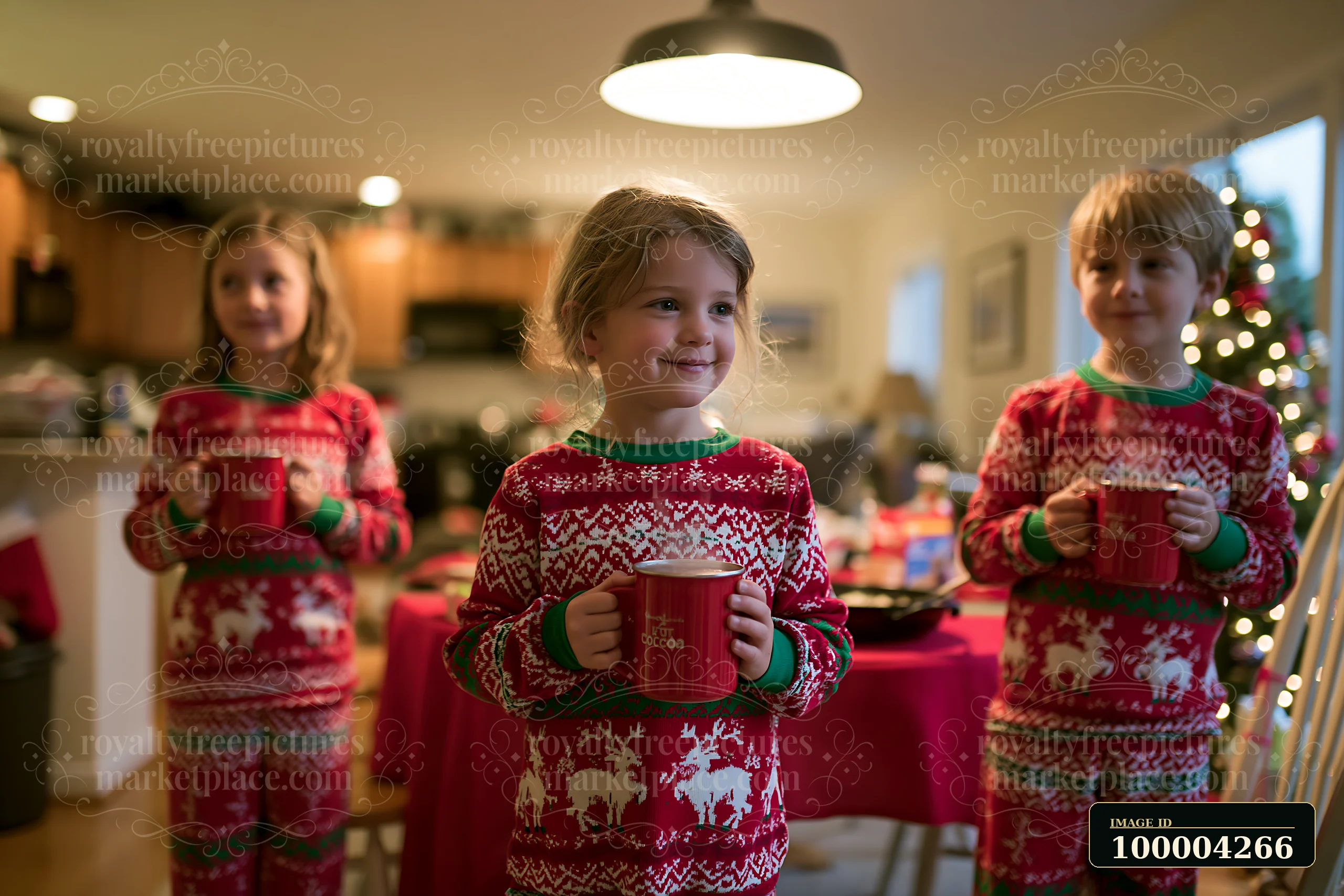 Three children are smiling while holding mugs in a cozy living room decorated for Christmas.