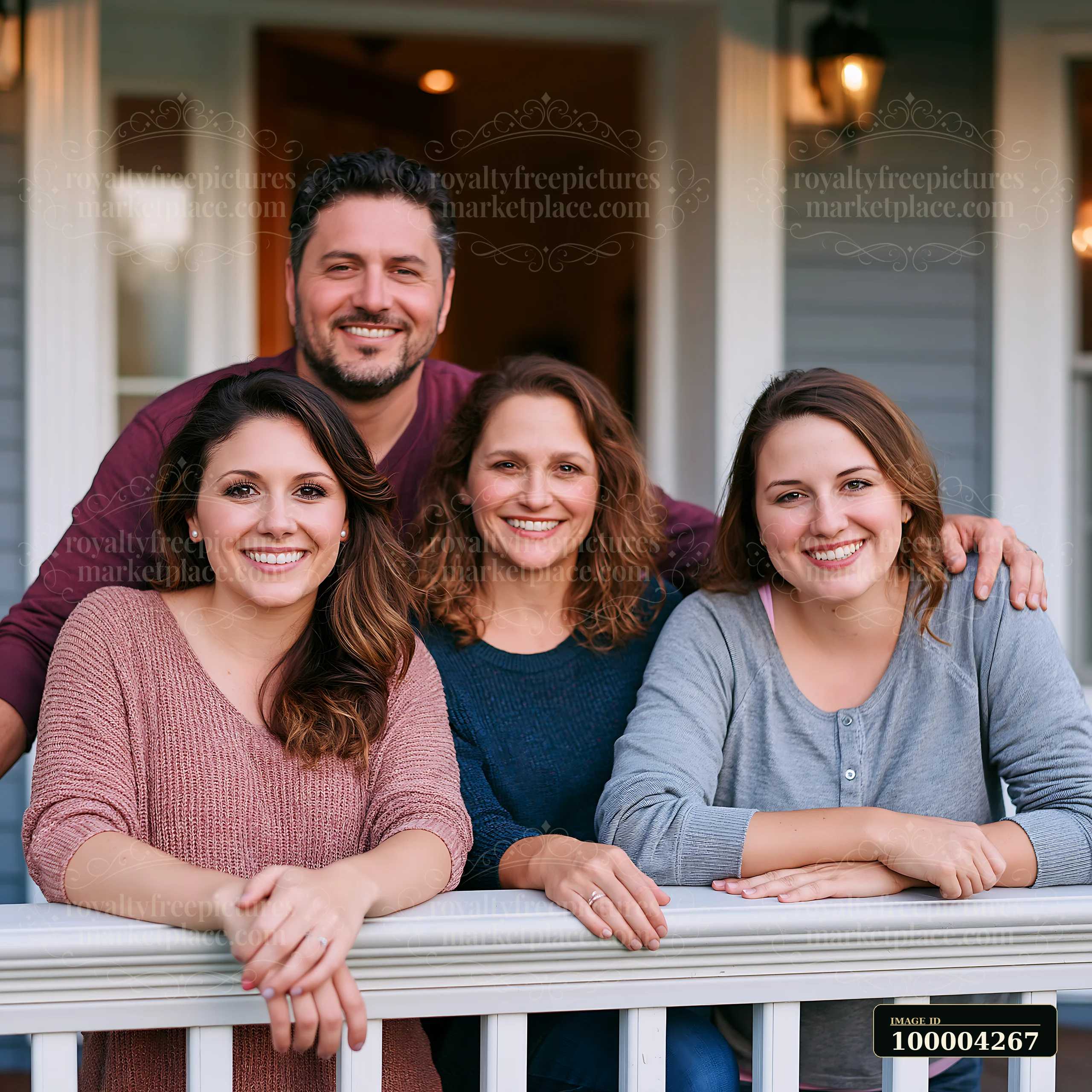 A family stands together on a front porch, smiling and enjoying each other's company.