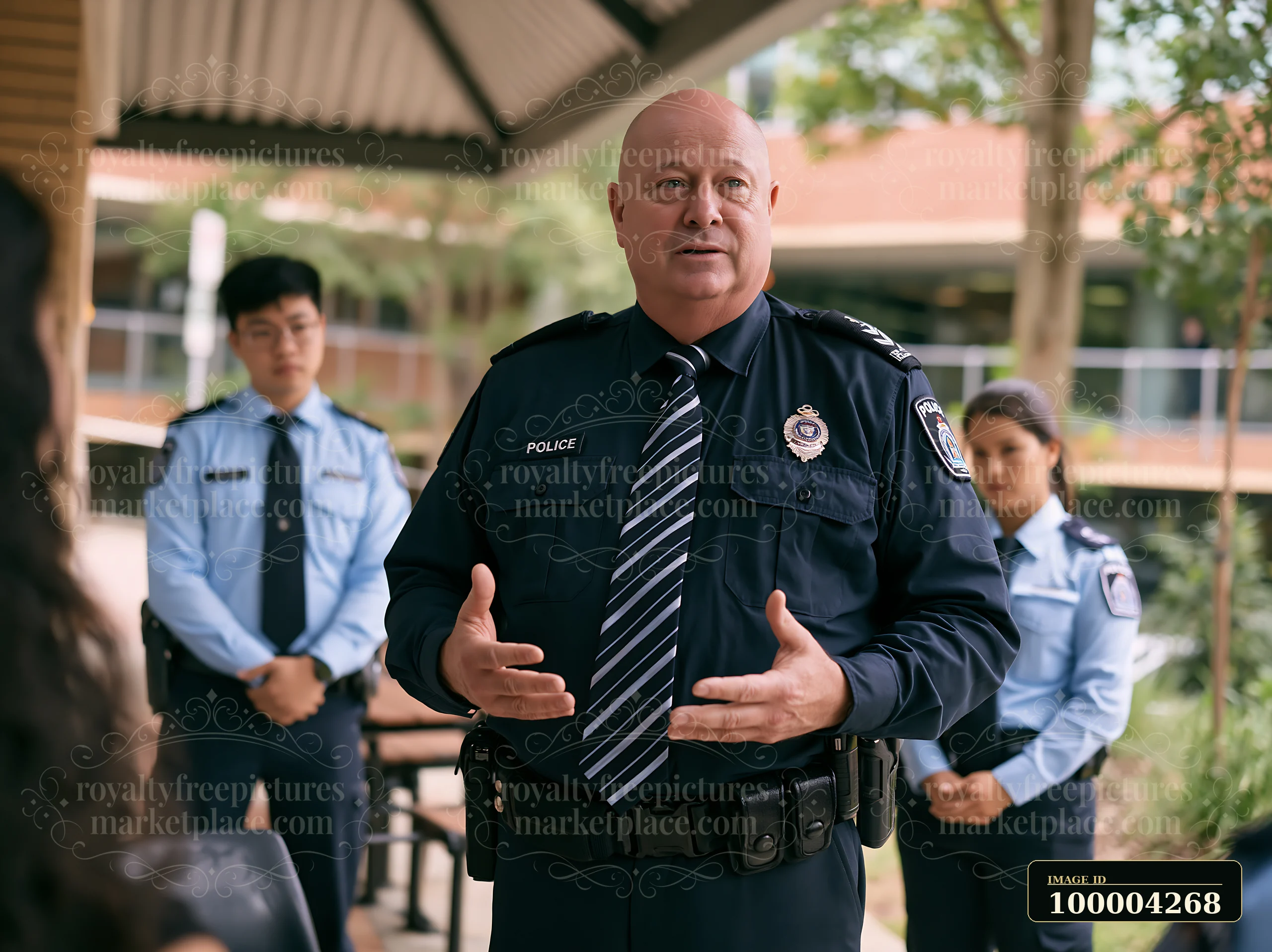 A police chief addresses an audience about workplace harassment policy while standing outdoors in a community setting.