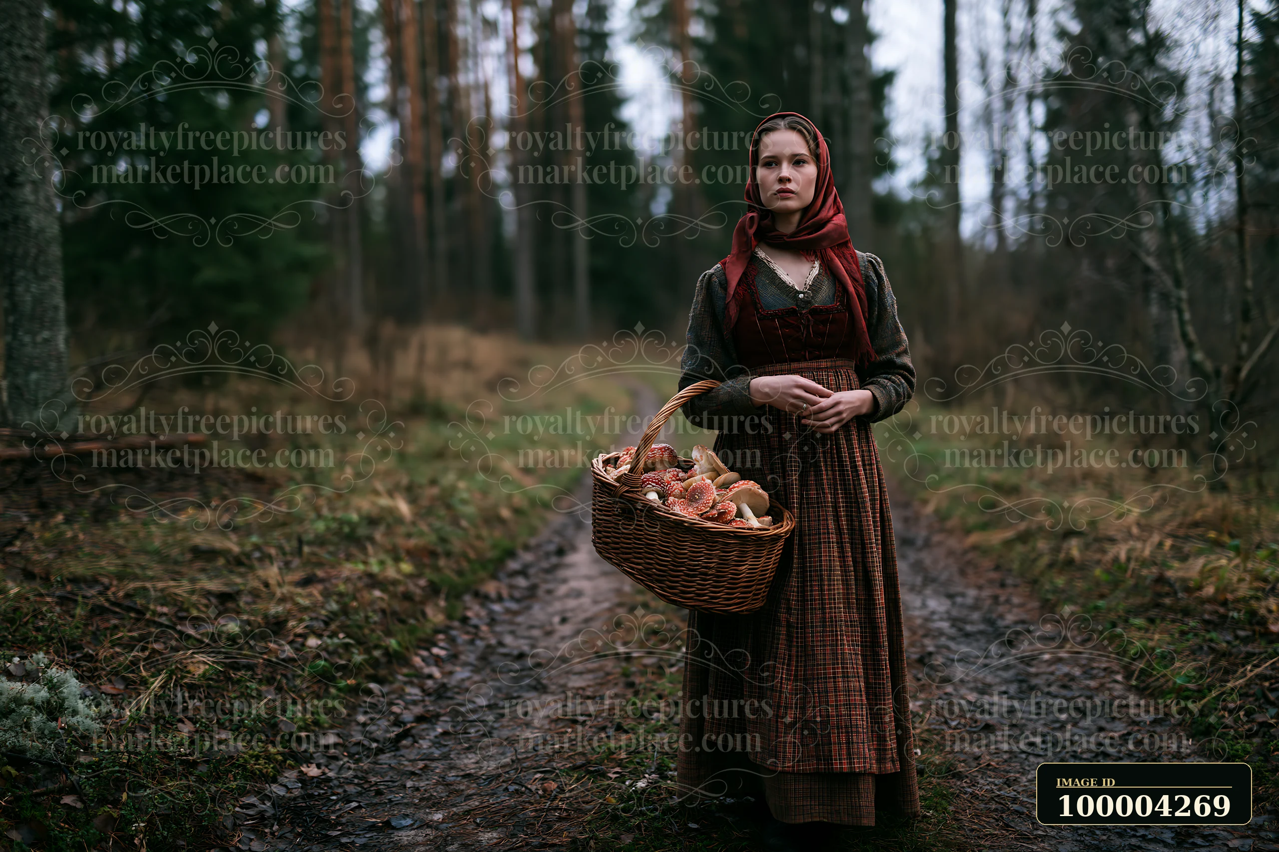 Woman in traditional dress holds a basket of mushrooms on a wooded forest path.