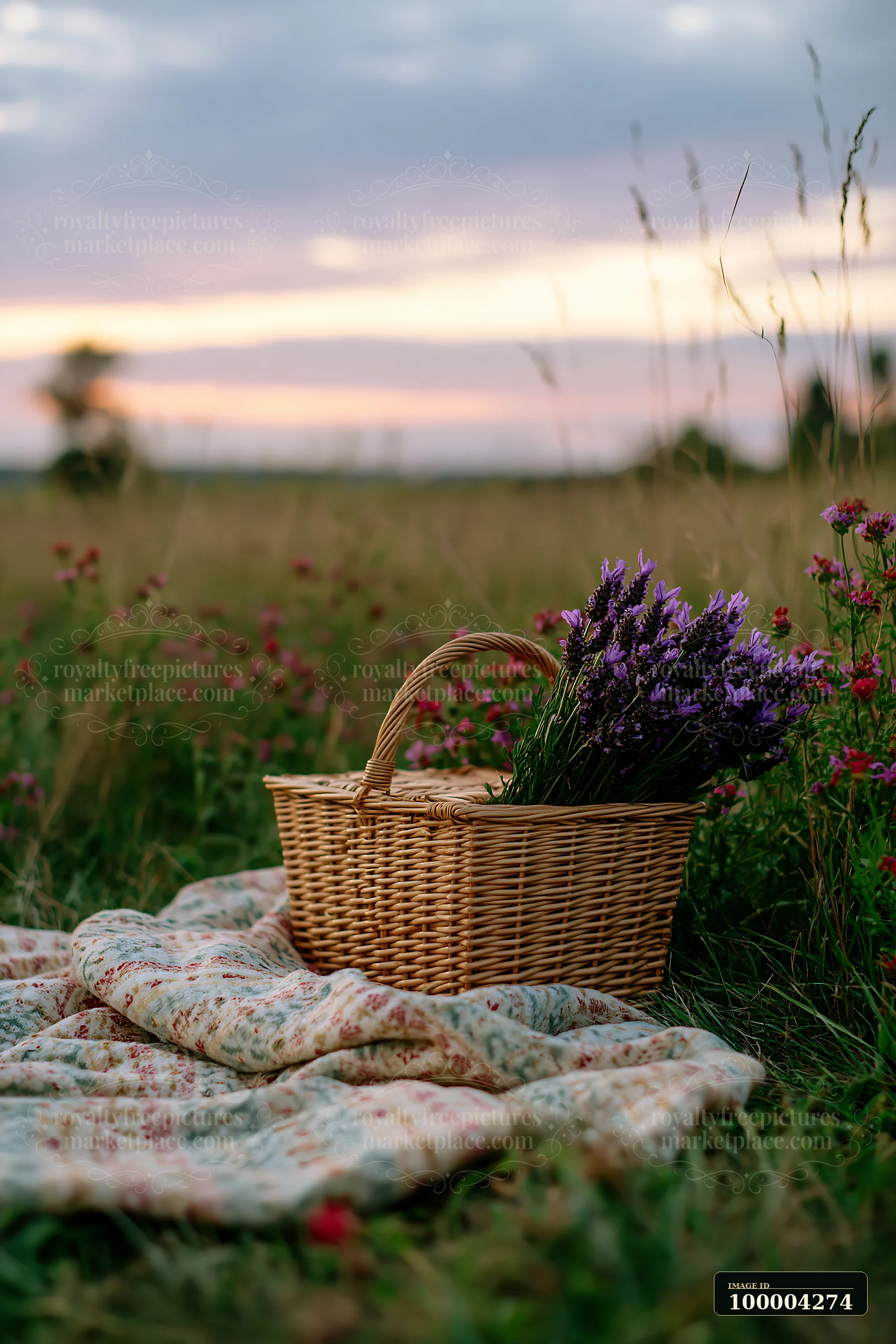 A blanket is spread on the grass with a basket filled with flowers nearby.
