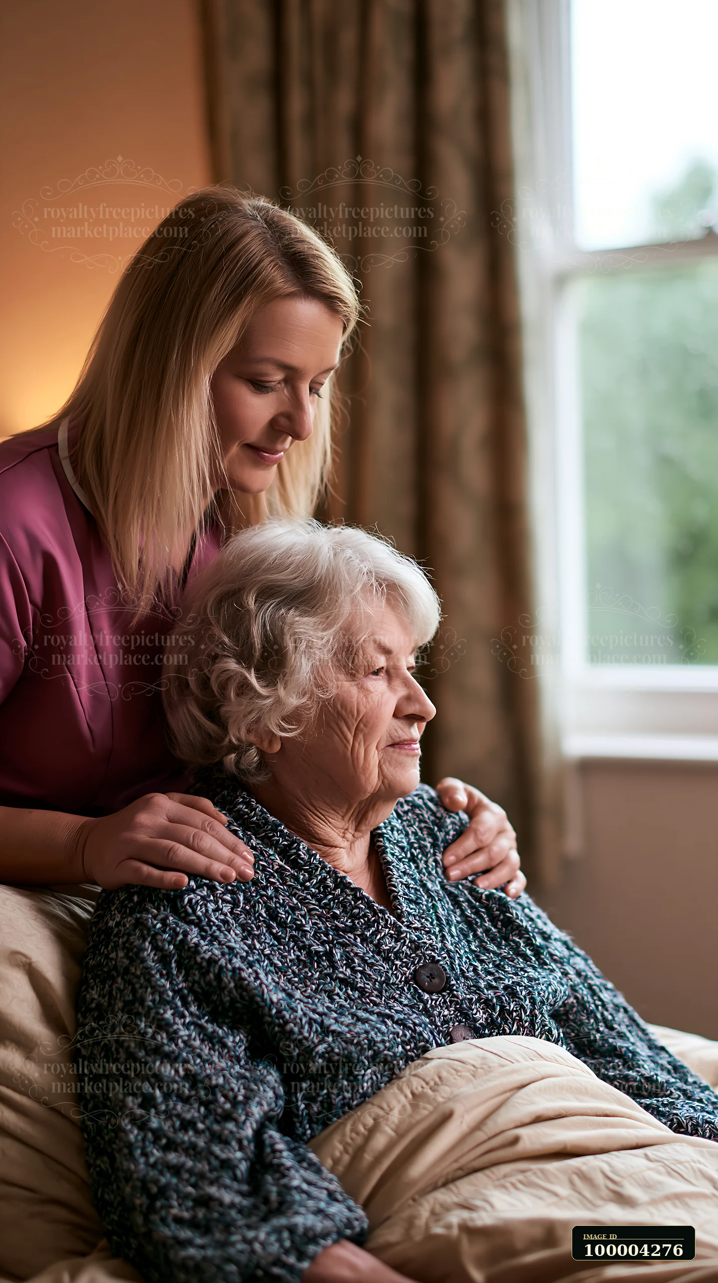 A caregiver supports an elderly person in a home setting.