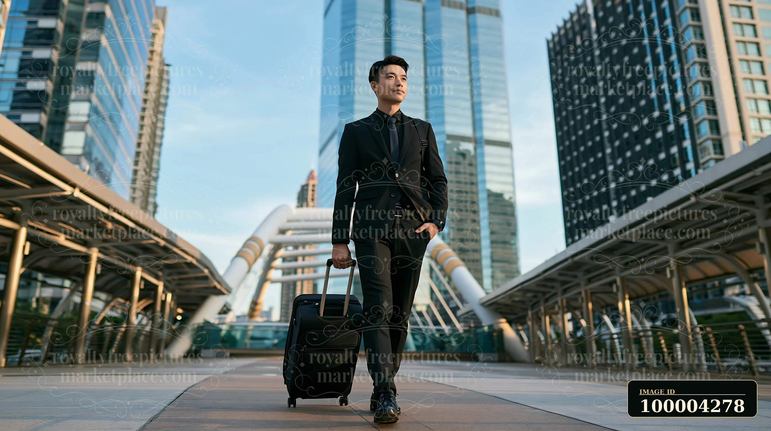 A businessman walks through a city business district, pulling a suitcase behind him.