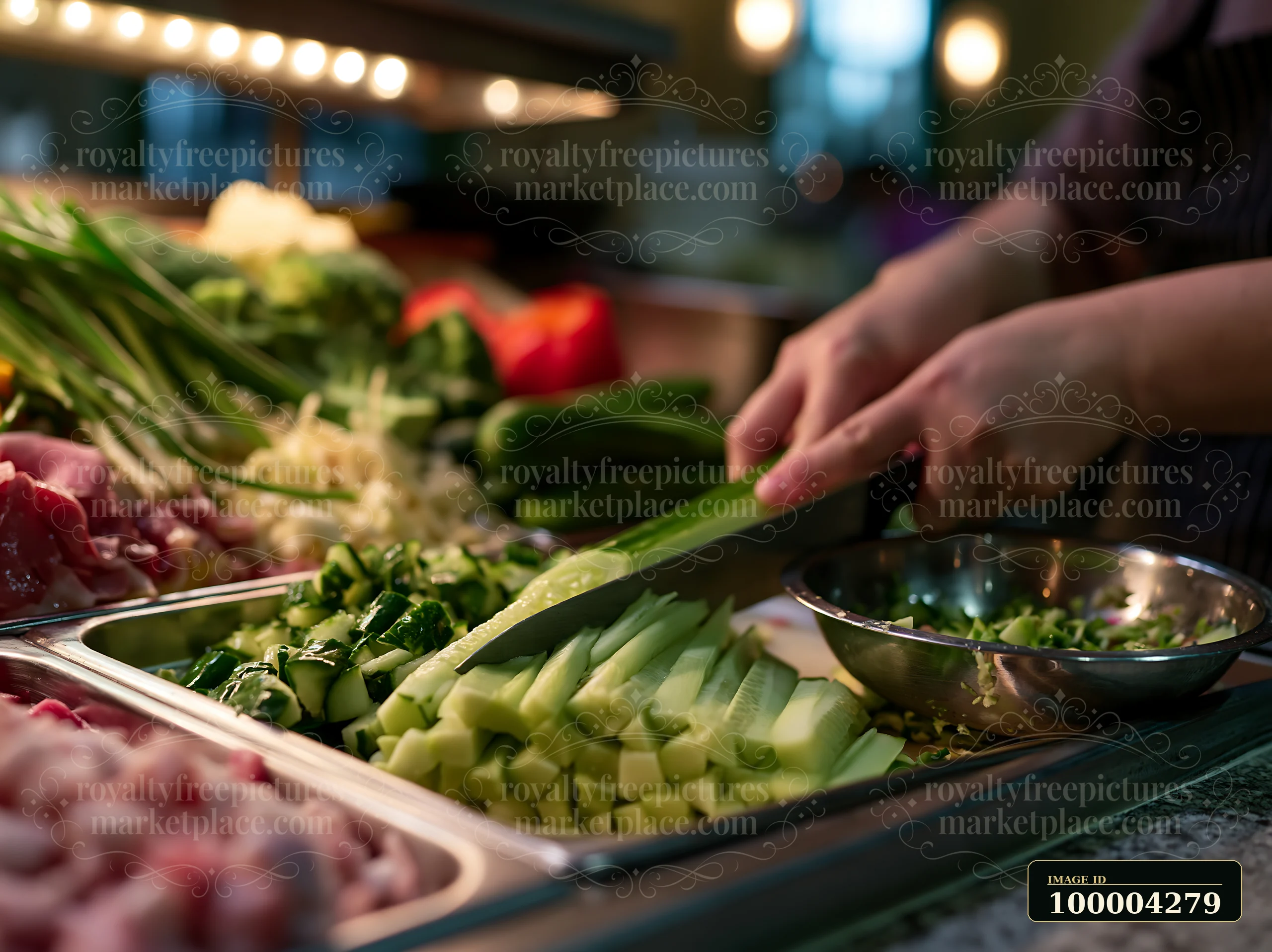 Chef cuts cucumber strips with a knife at a sushi preparation counter surrounded by vegetables.