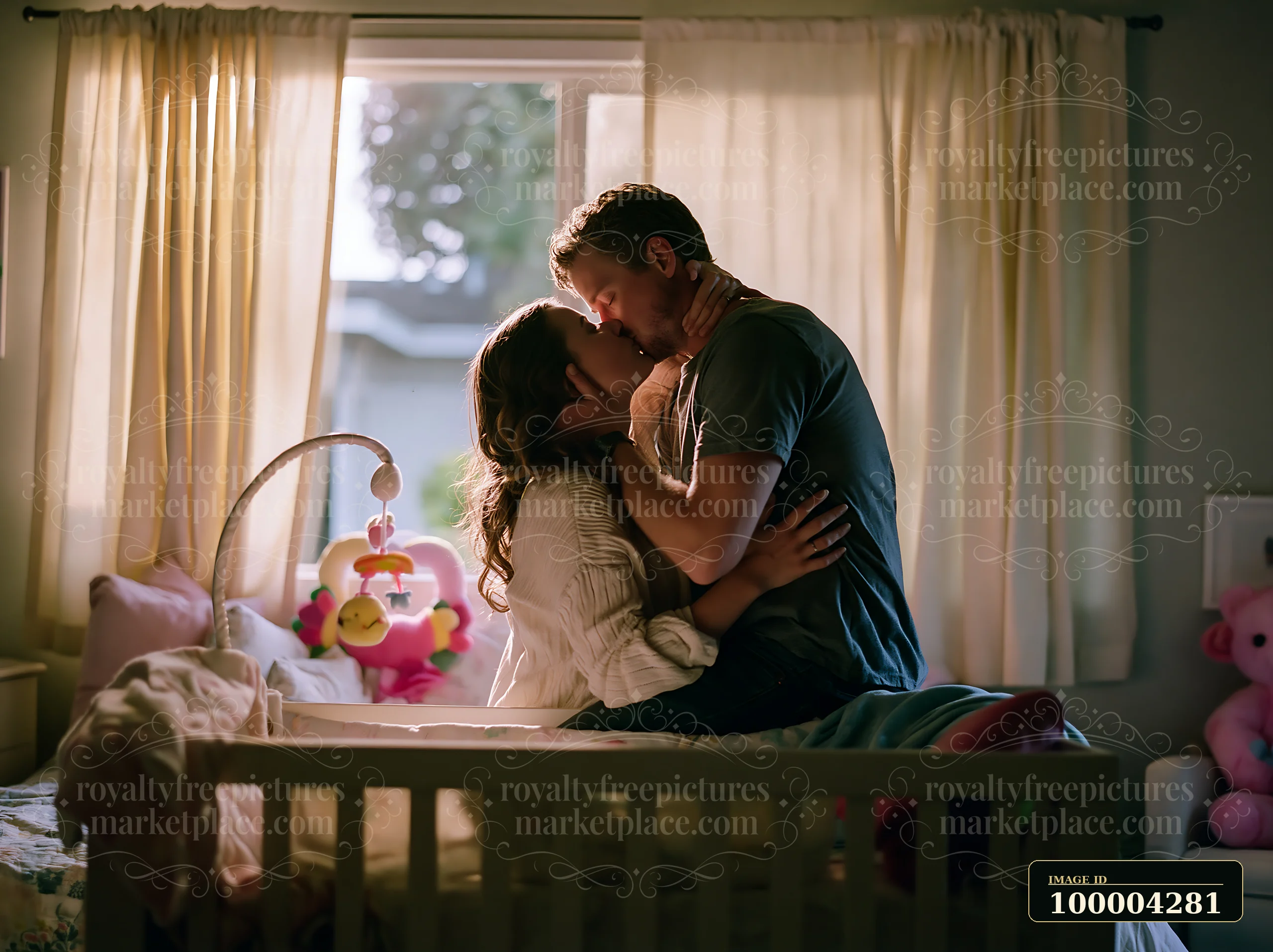 A couple shares a kiss in a warm room surrounded by children's toys.