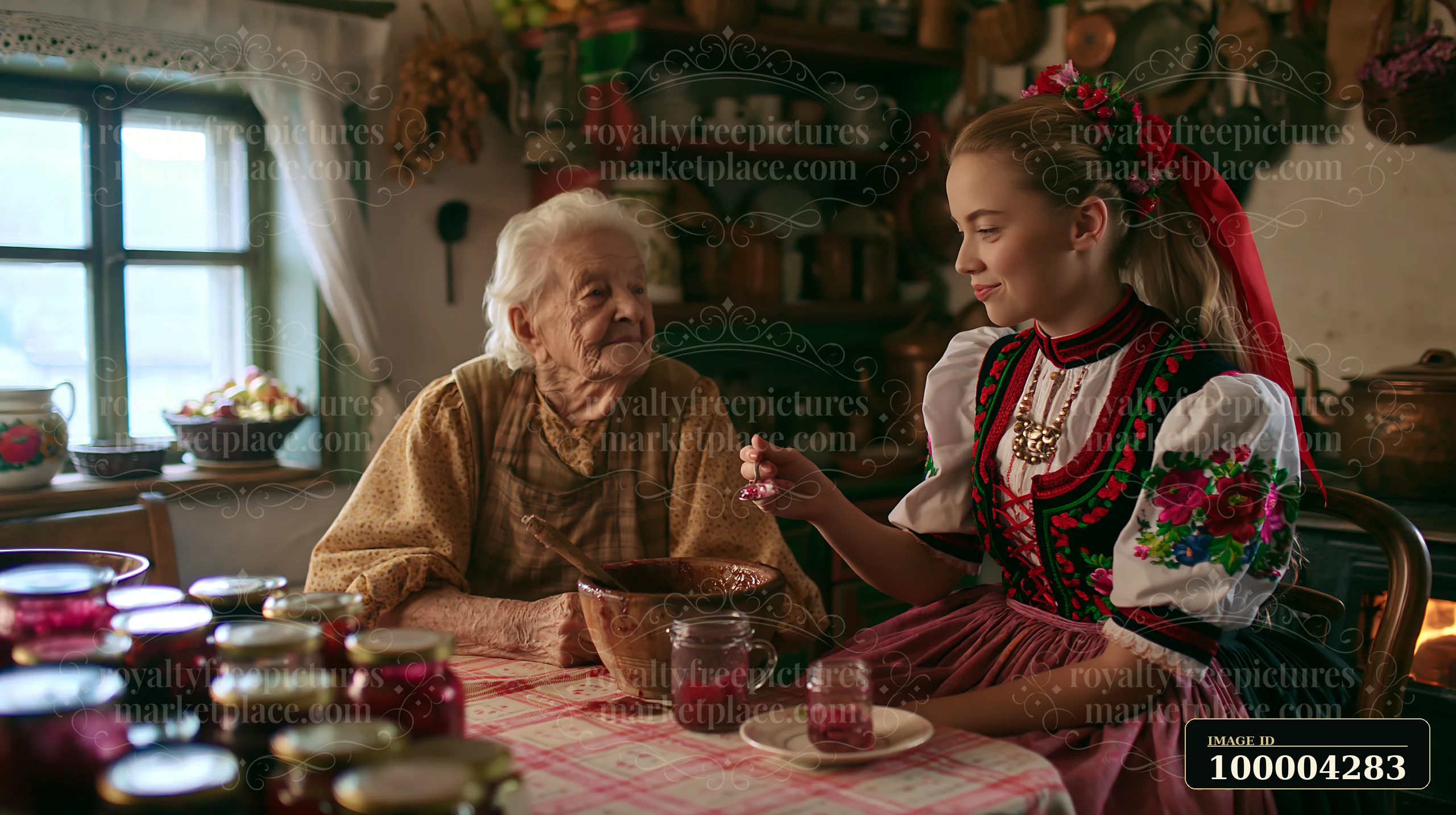A woman in folk costume makes preserves with an elder in a rustic kitchen.