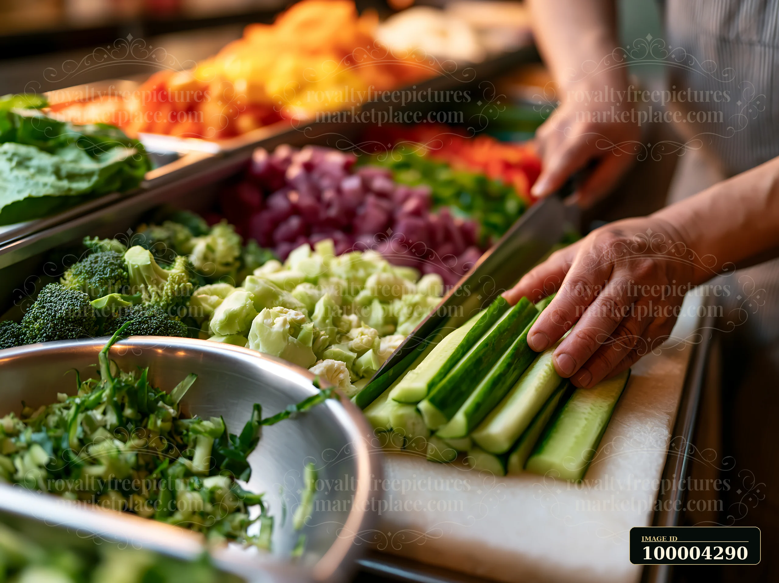 A sushi chef prepares ingredients by cutting cucumber for sushi rolls in a busy kitchen.
