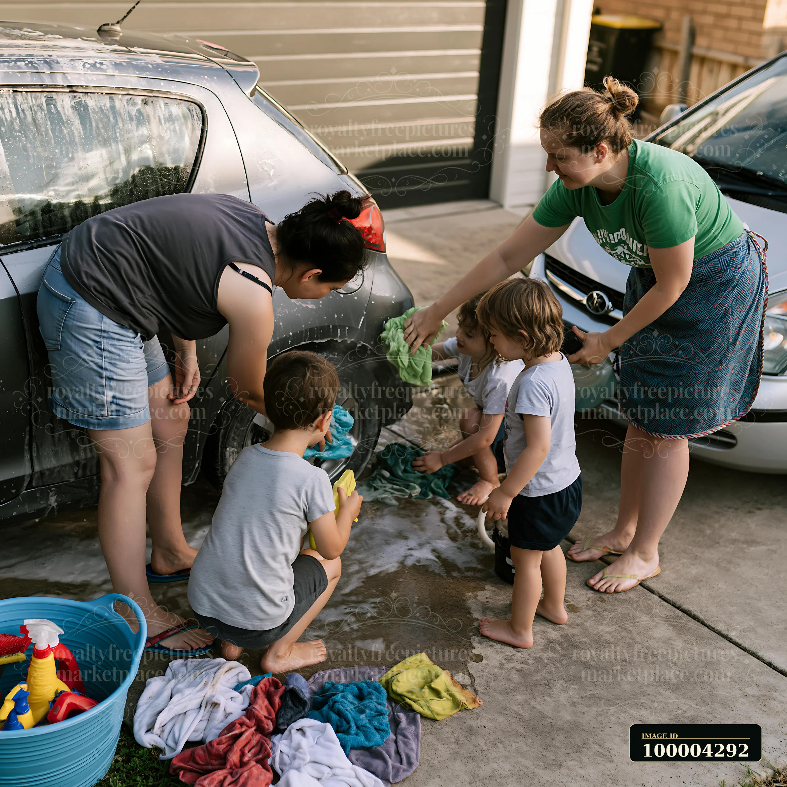 A family cleans a car in their driveway with children assisting.