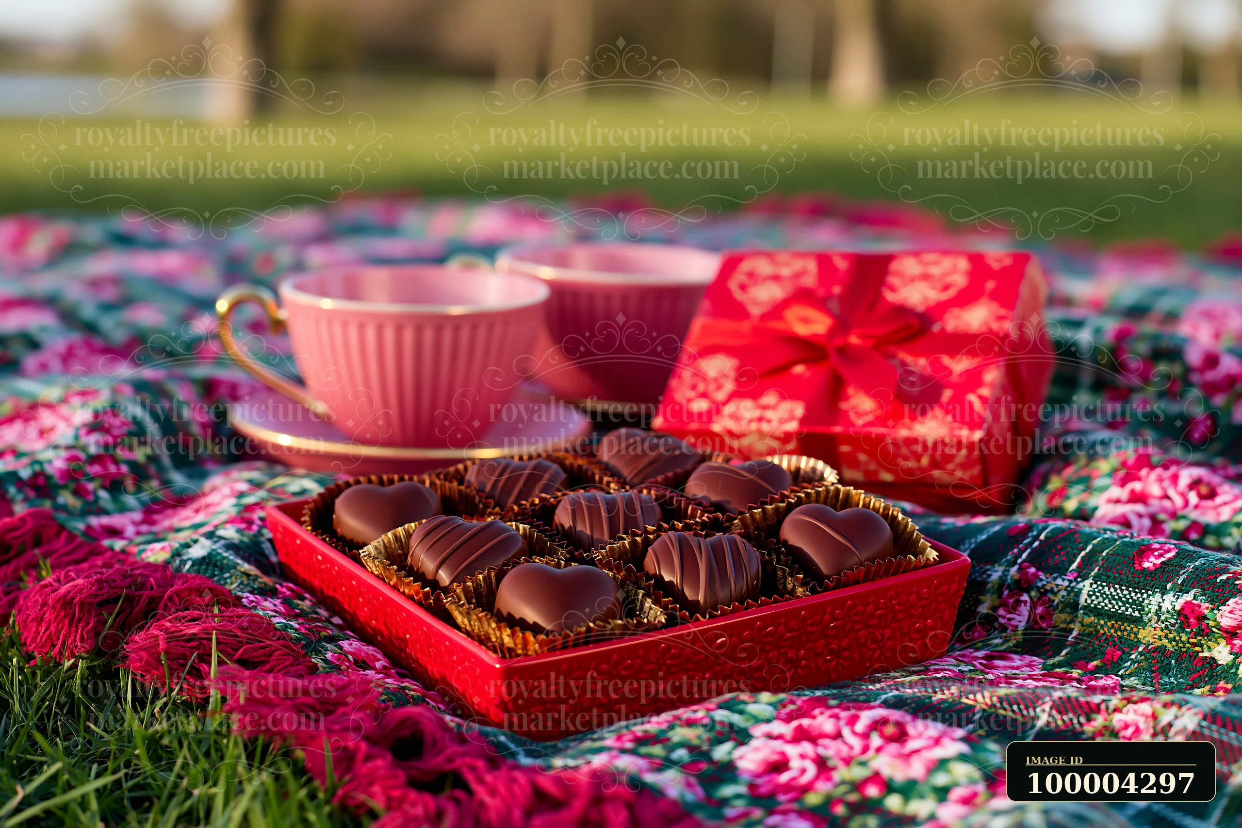 Heart-shaped chocolate pieces in gift packaging for confectionery marketing are arranged in a box on a picnic blanket.