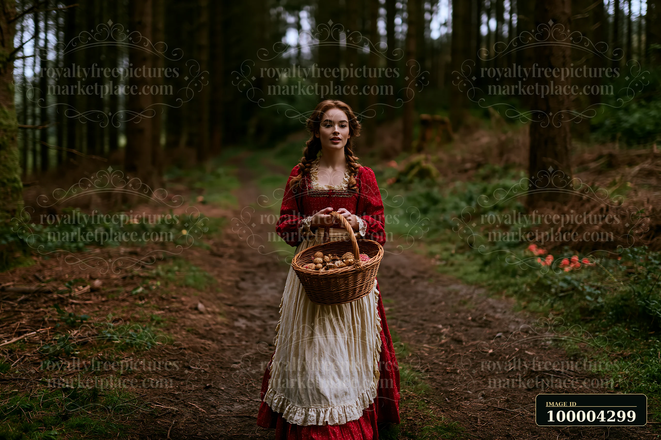 A woman in traditional dress walks along a dirt path in the forest, holding a basket filled with mushrooms.