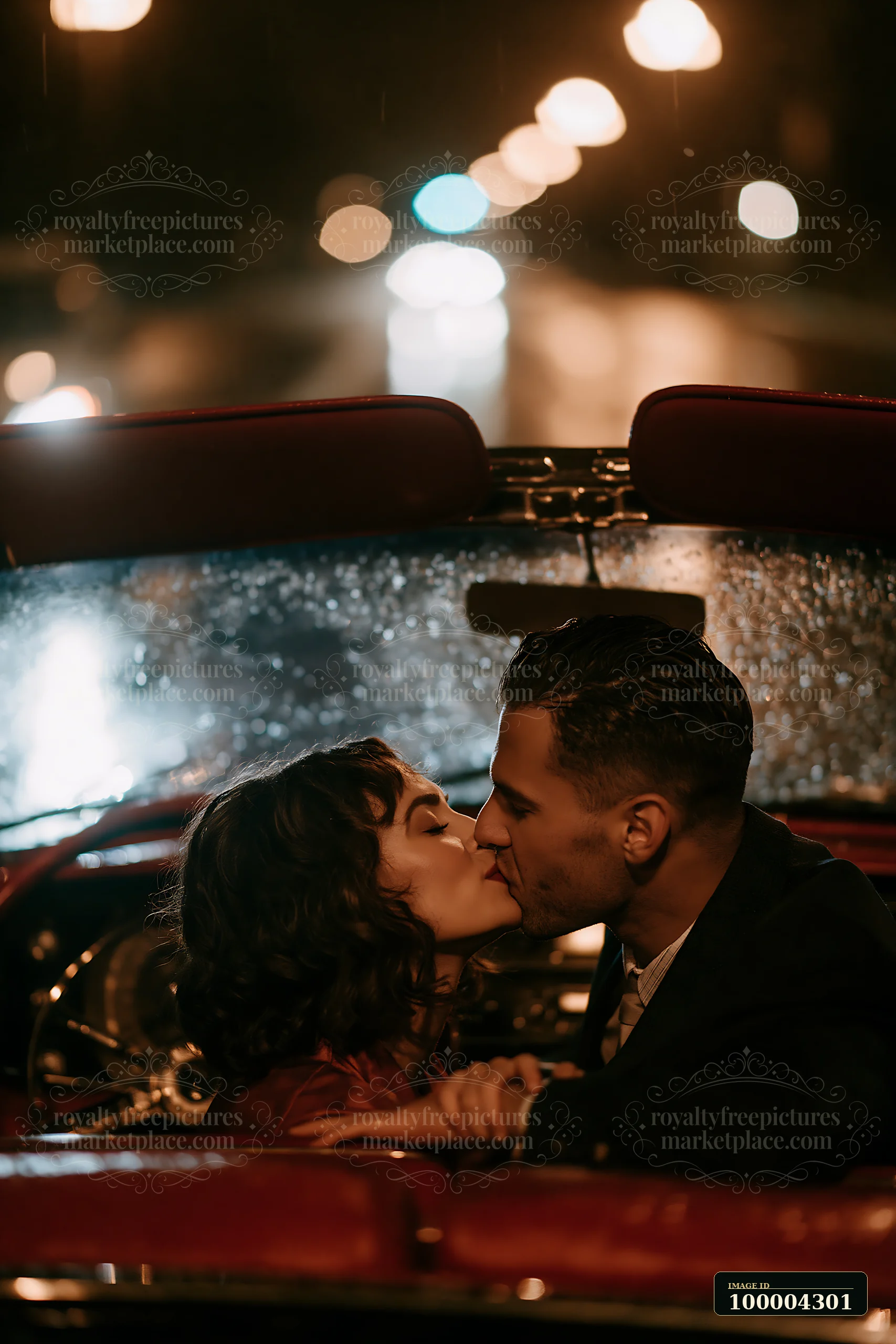 A couple kissing in a vintage car during a rainy night.