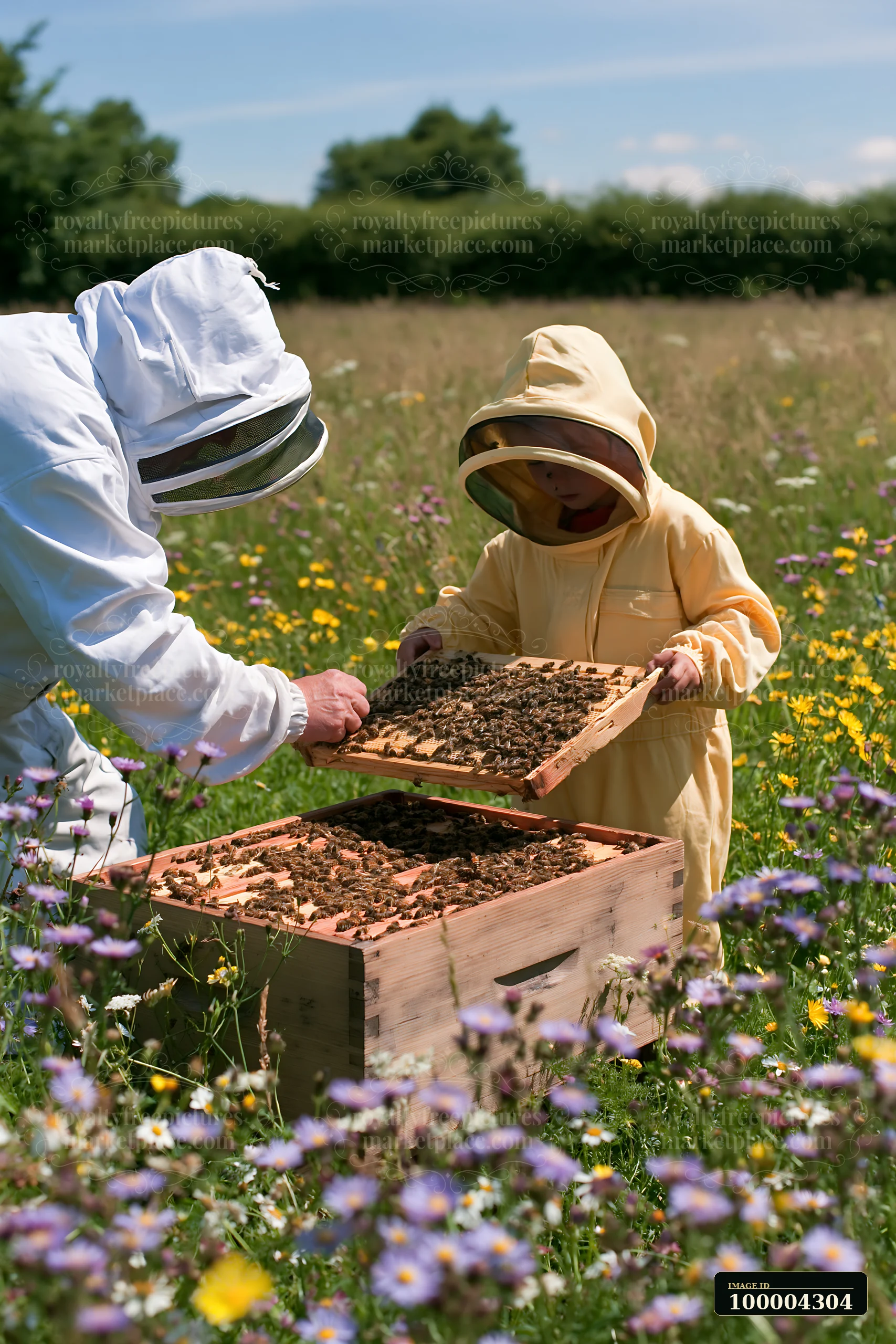 A beekeeper checks hives beside a child in a sunny meadow filled with wildflowers.