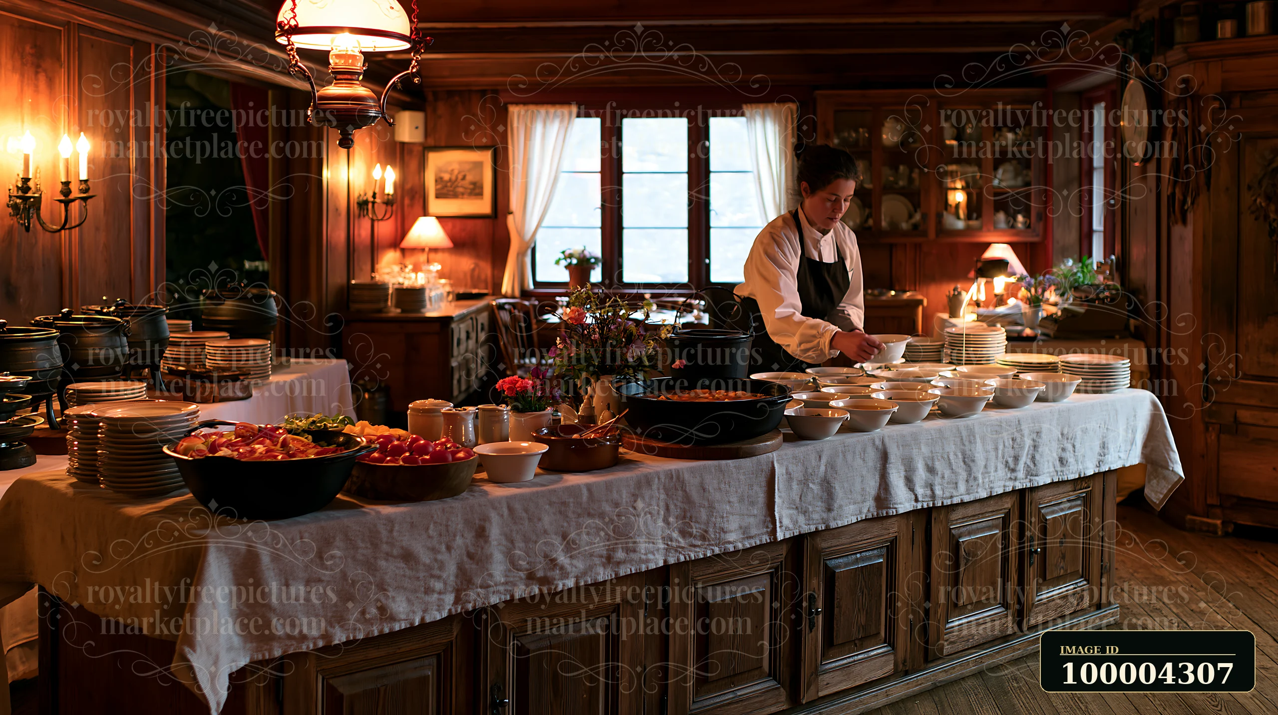 Server prepares a bowl at a rustic wooden buffet with linen tablecloth in a warmly lit dining room.