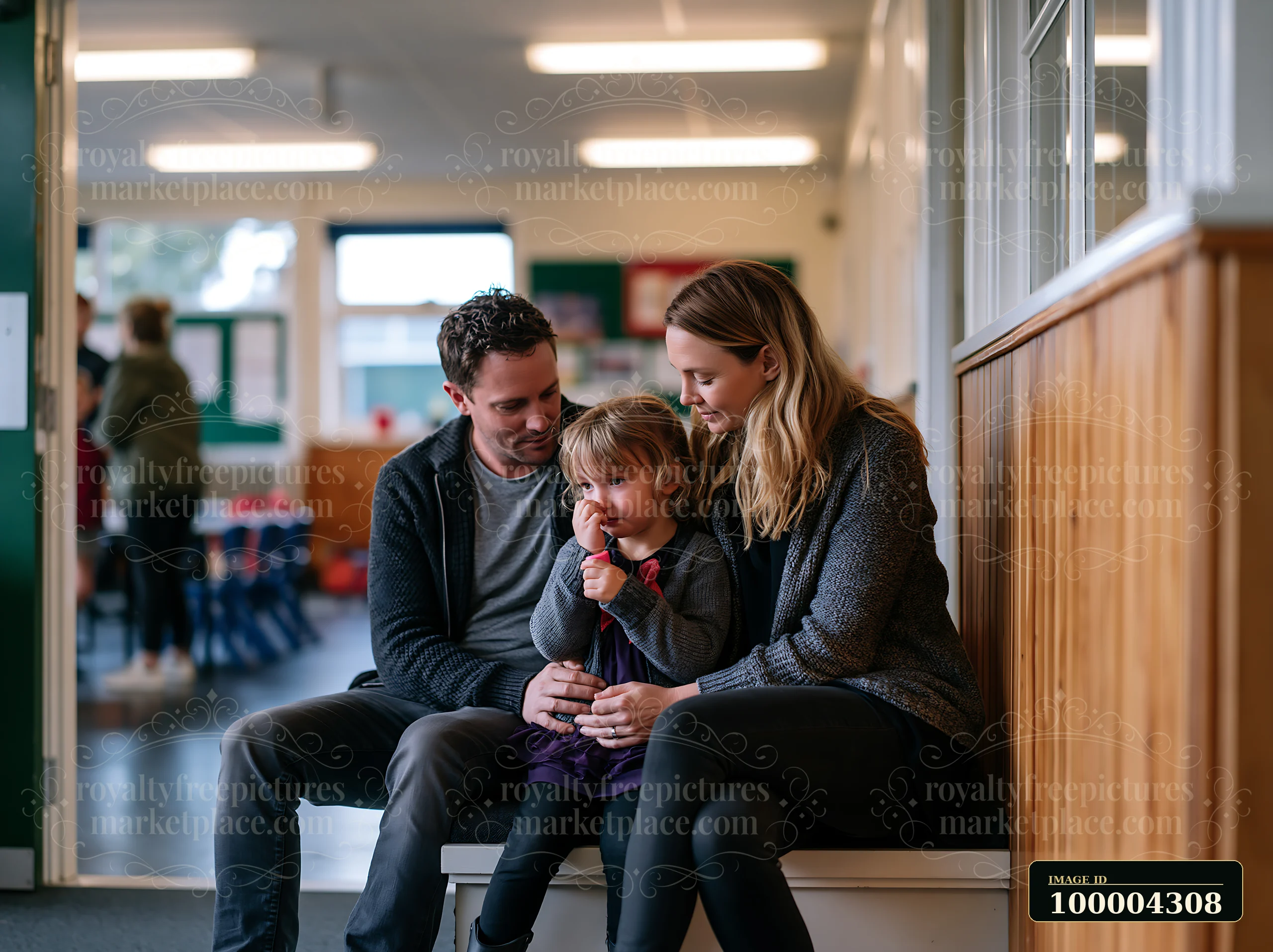 Parents comfort a young child seated with them in a school hallway on the first day of school.