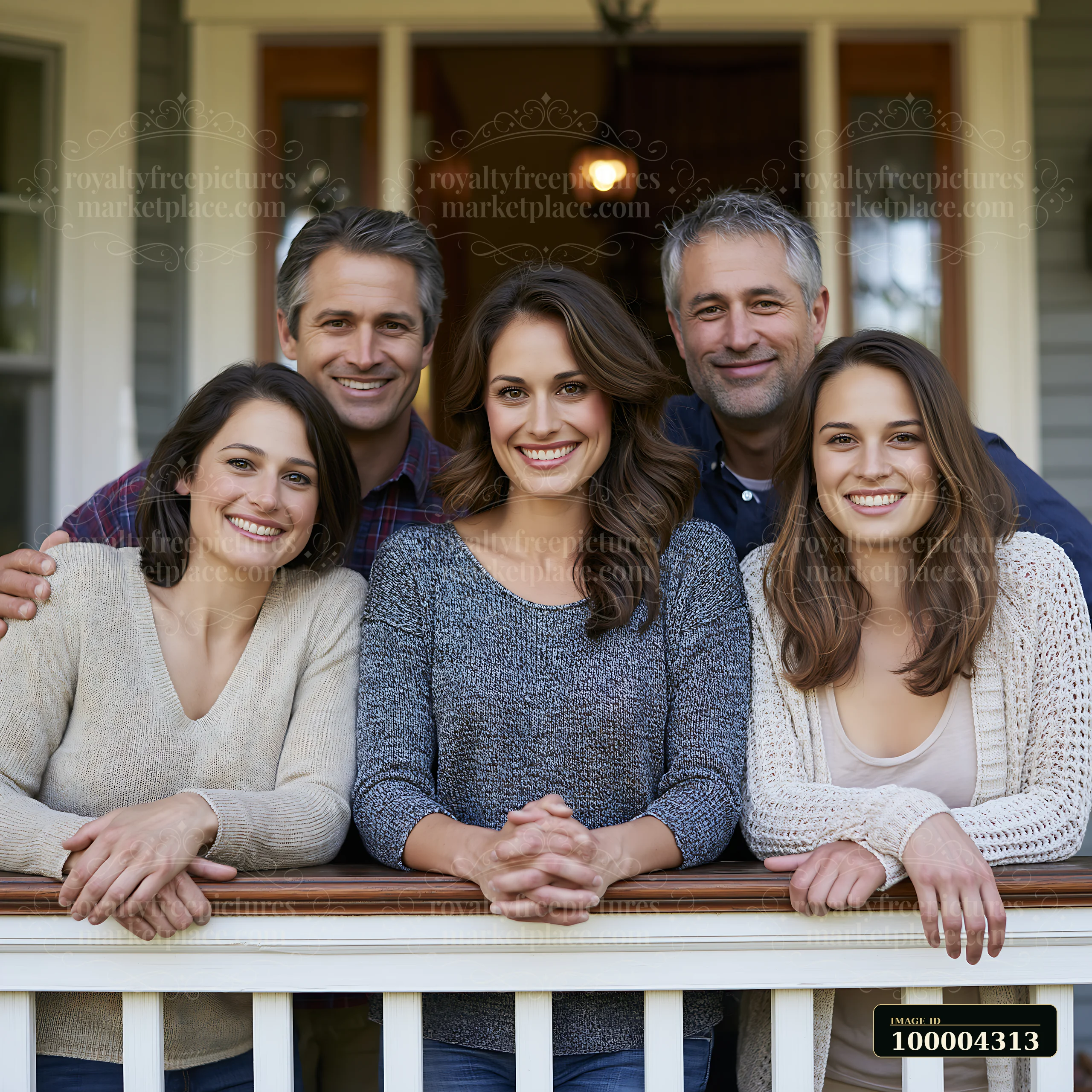Five smiling adults pose casually behind the railing of a residential front porch.
