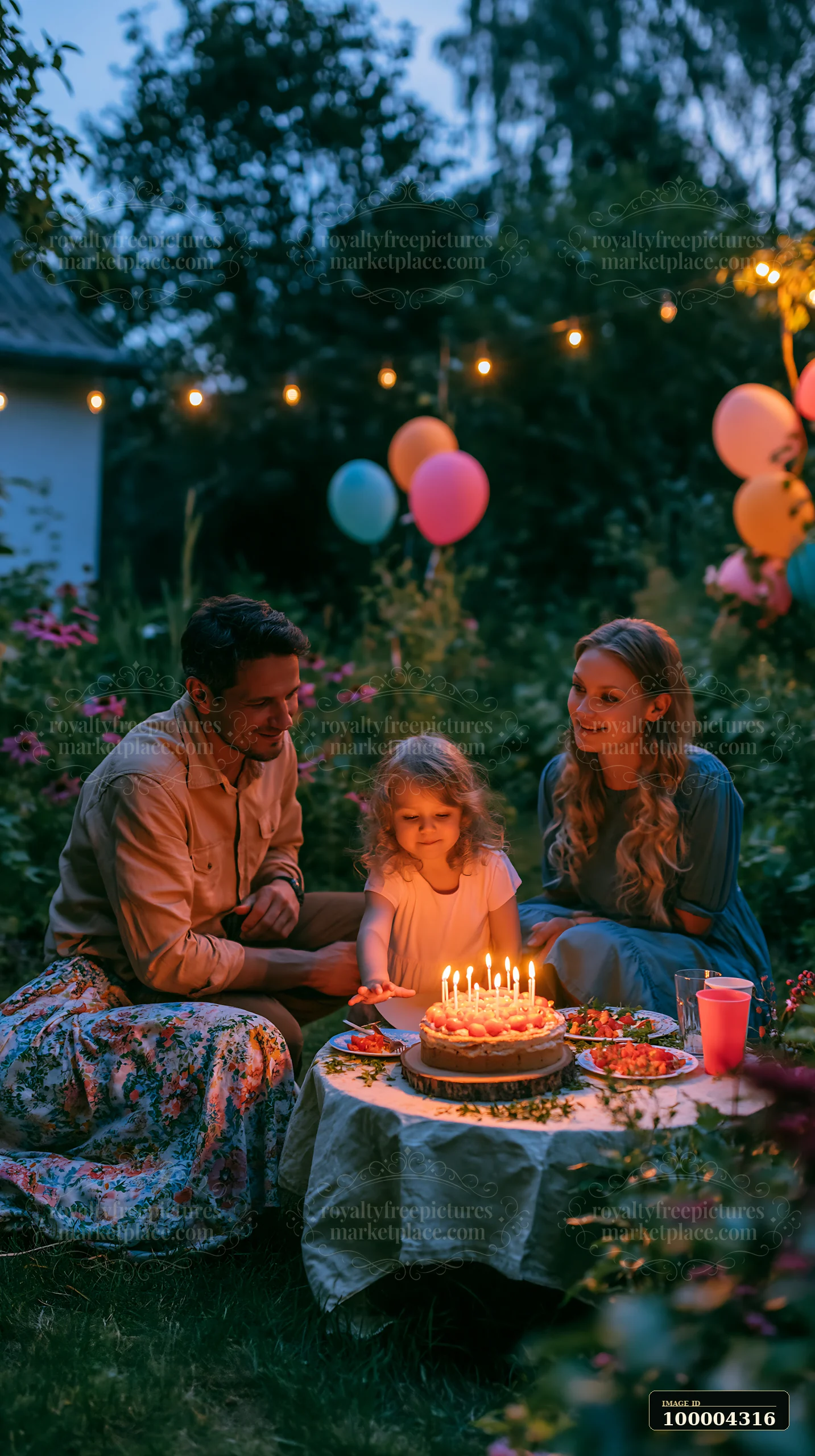 Family gathers around a candlelit birthday cake in a garden at dusk with balloons and string lights.