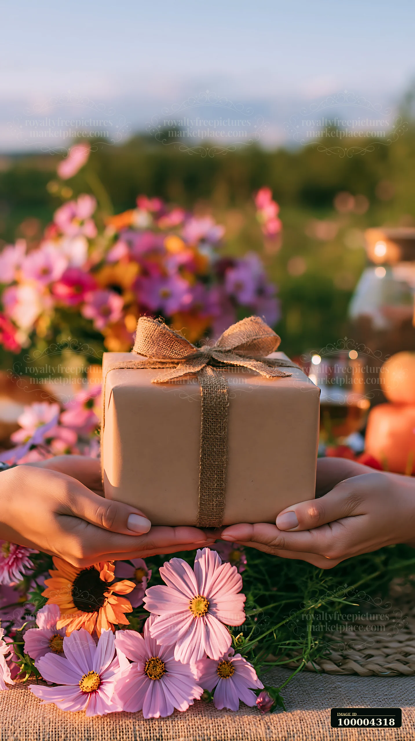 Hands hold a blank burlap-tied gift box among colorful blossoms in a softly blurred garden.
