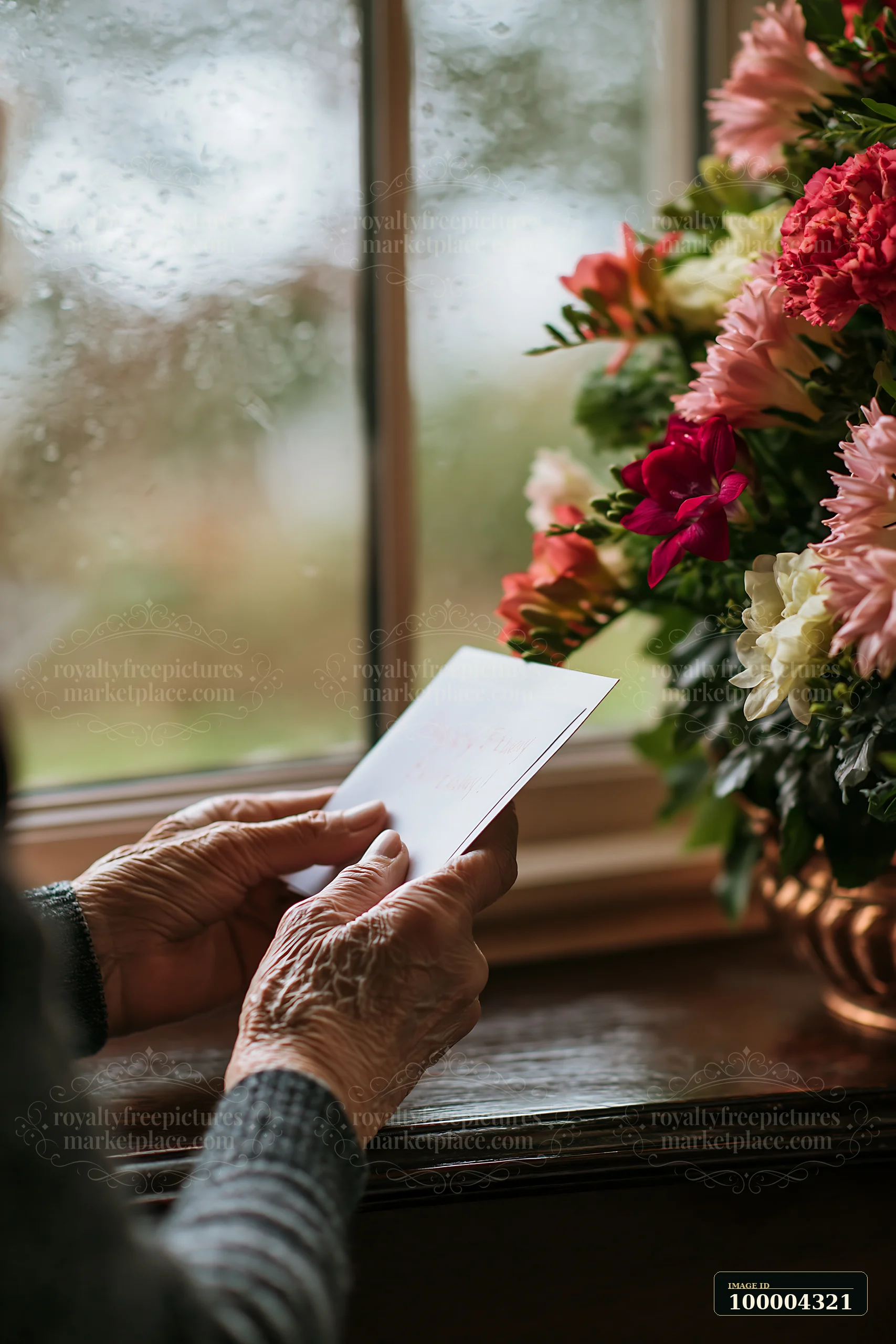 Elderly hands hold a card beside colorful funeral flowers near a rain-speckled window.
