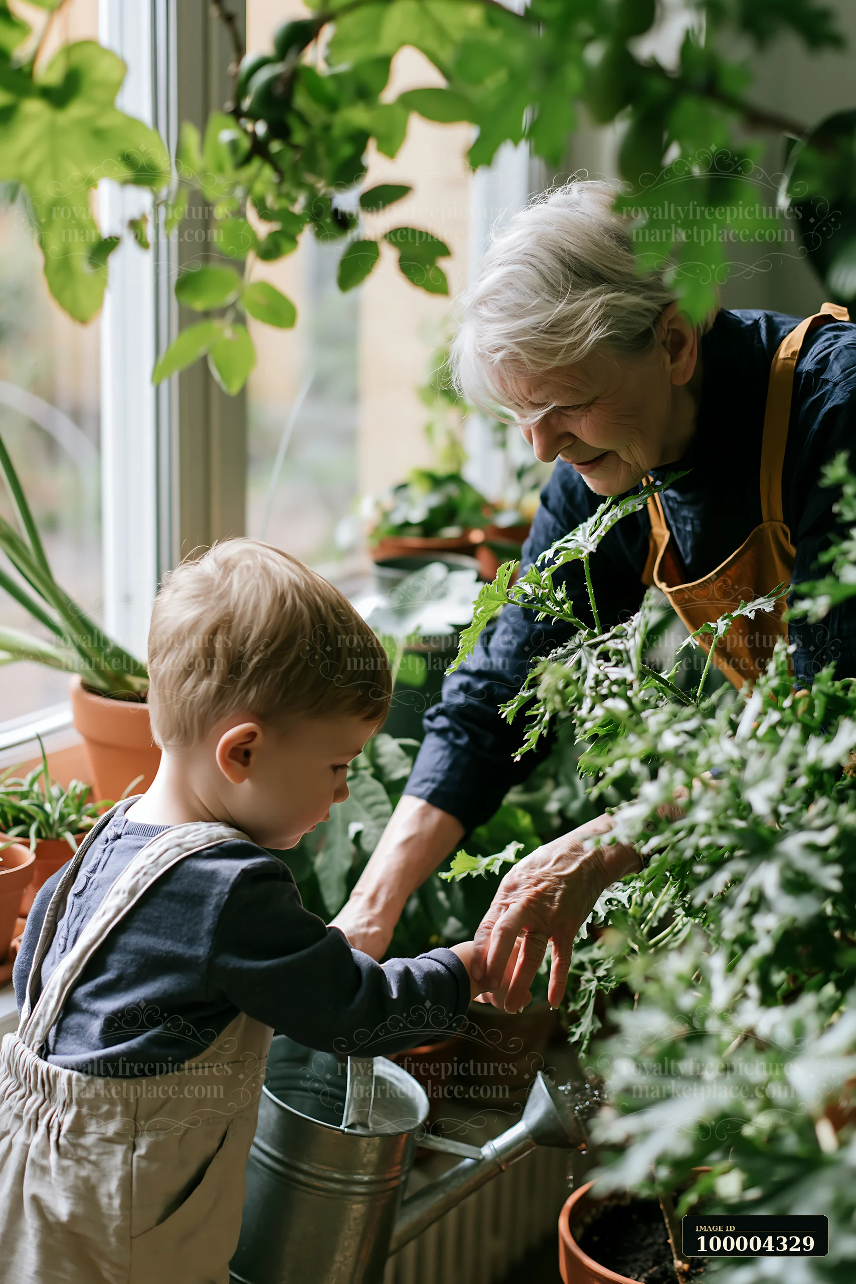 Grandparent and child tend leafy potted plants together beside a bright window at home.