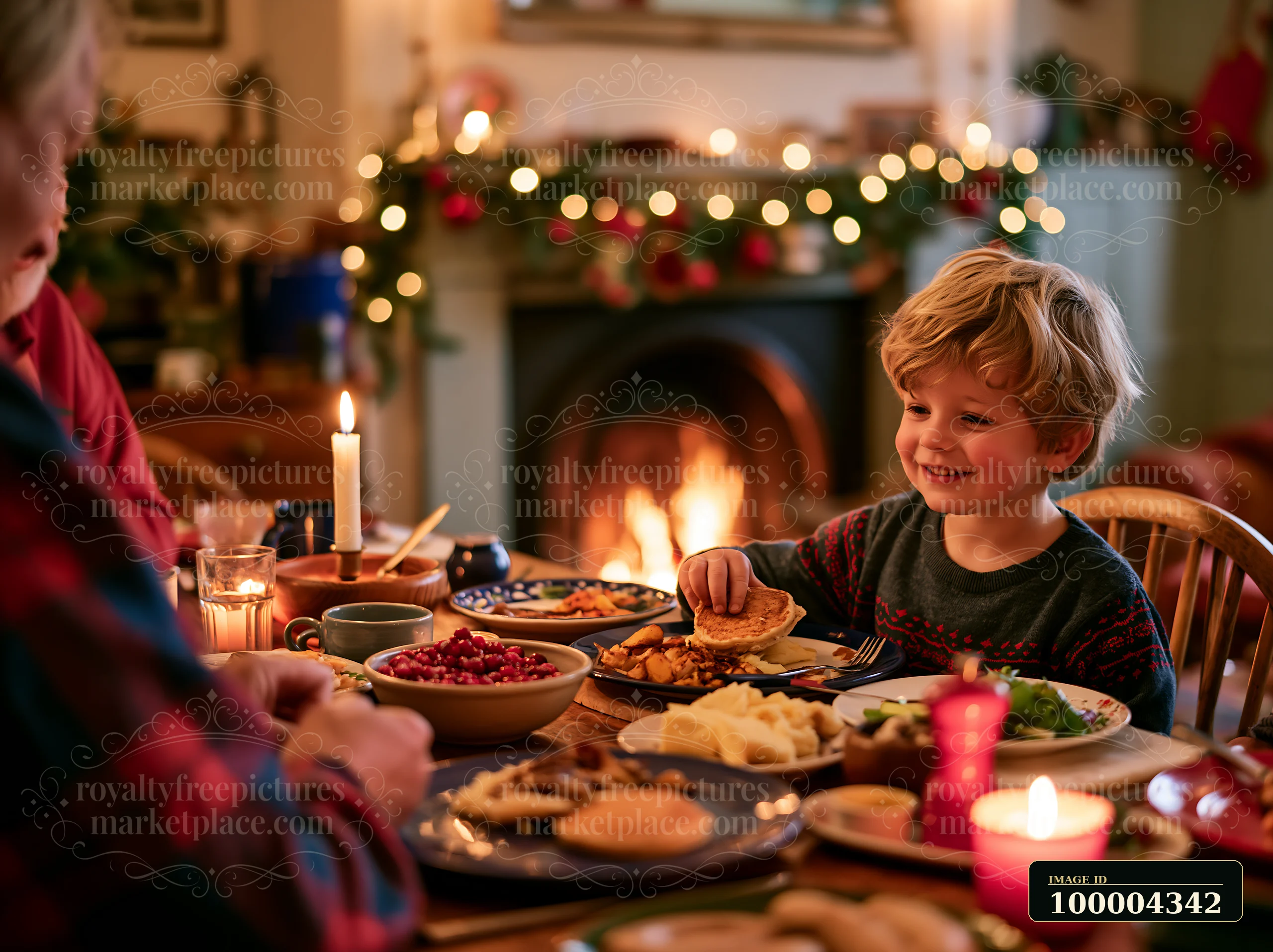 A family sits around a table sharing breakfast during the holiday season.