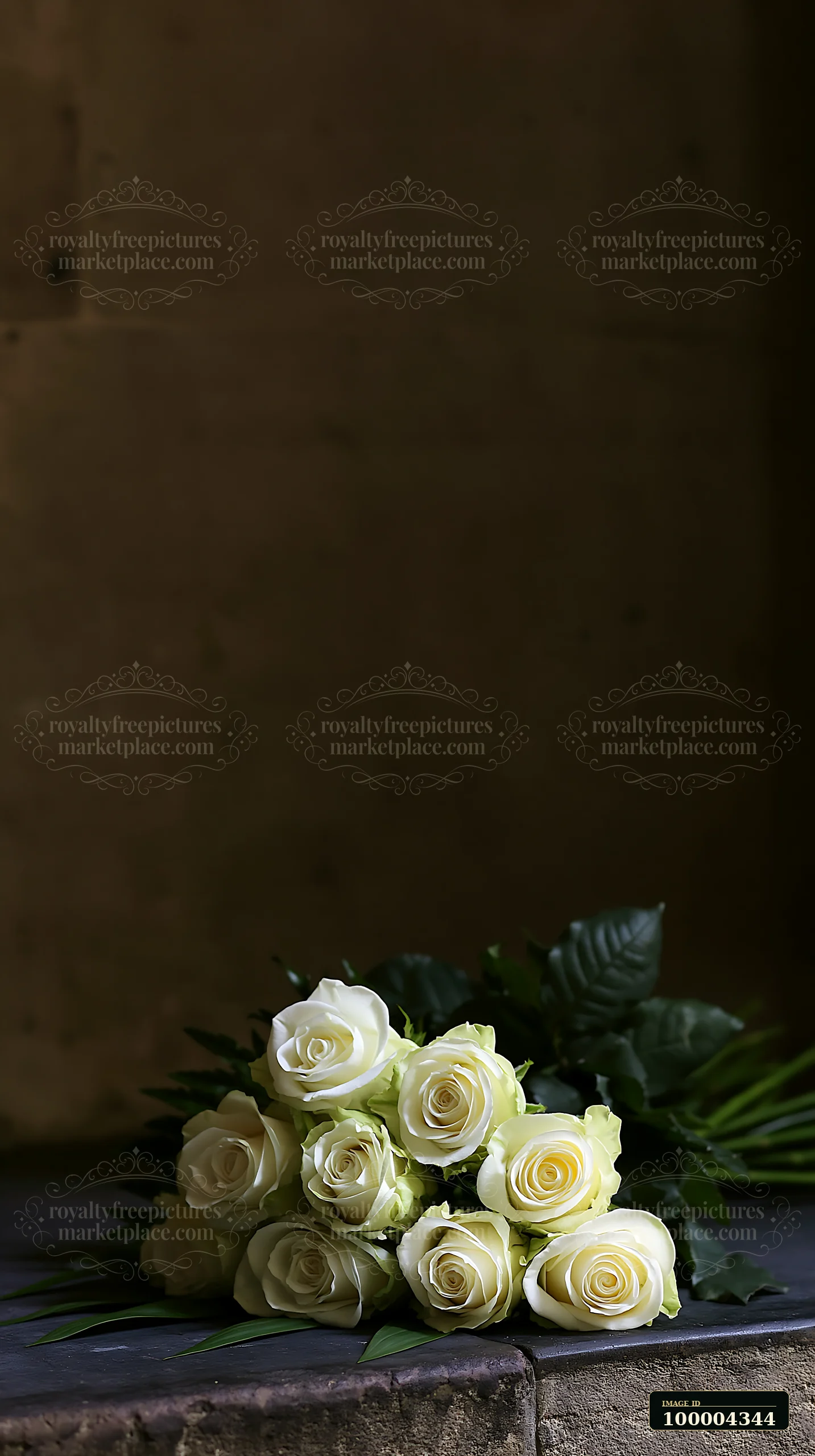 White funeral roses rest on a stone ledge with wide dark copy space above and beside the bouquet.