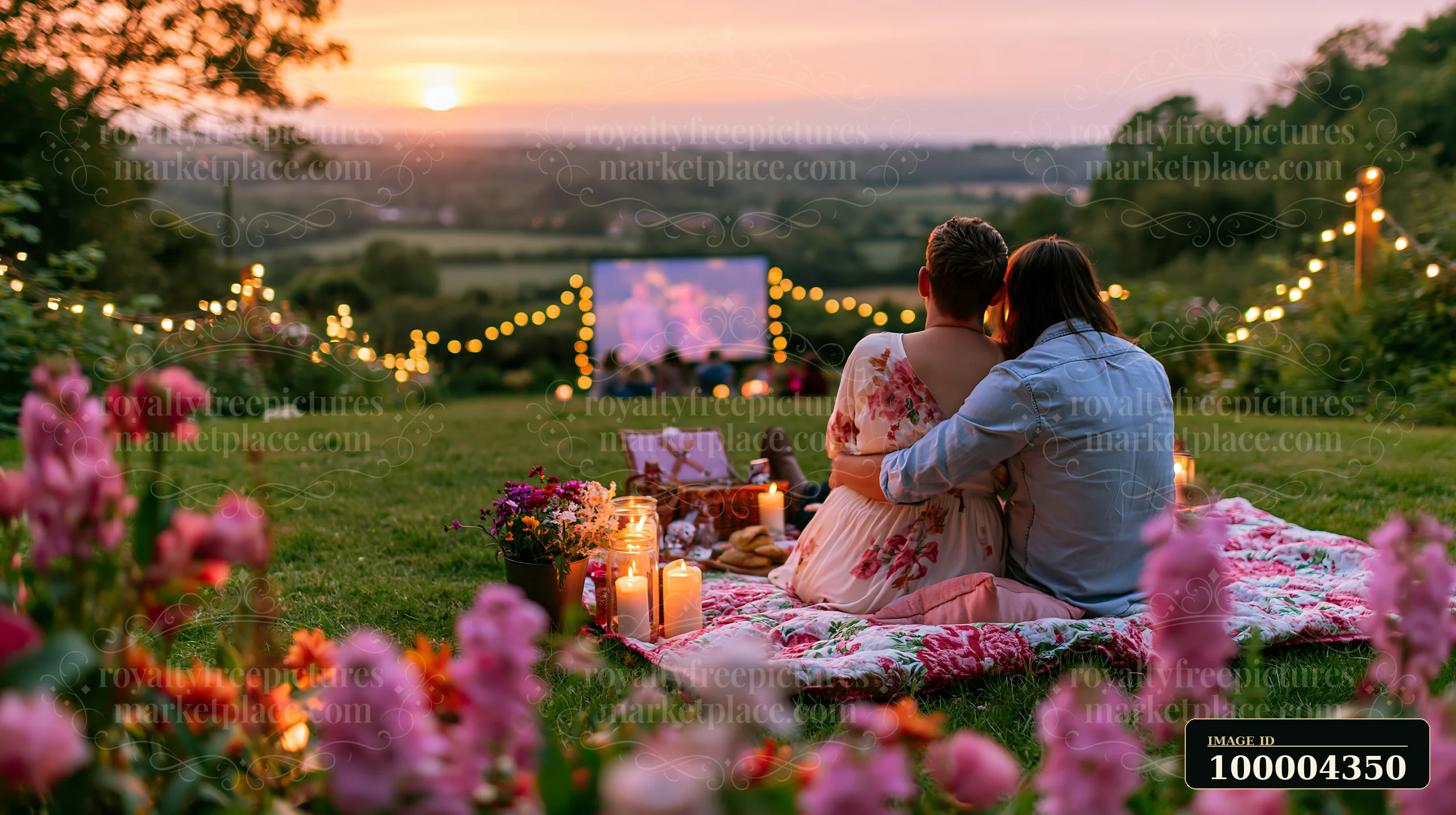 A couple sits together on a blanket enjoying a romantic outdoor cinema setup.