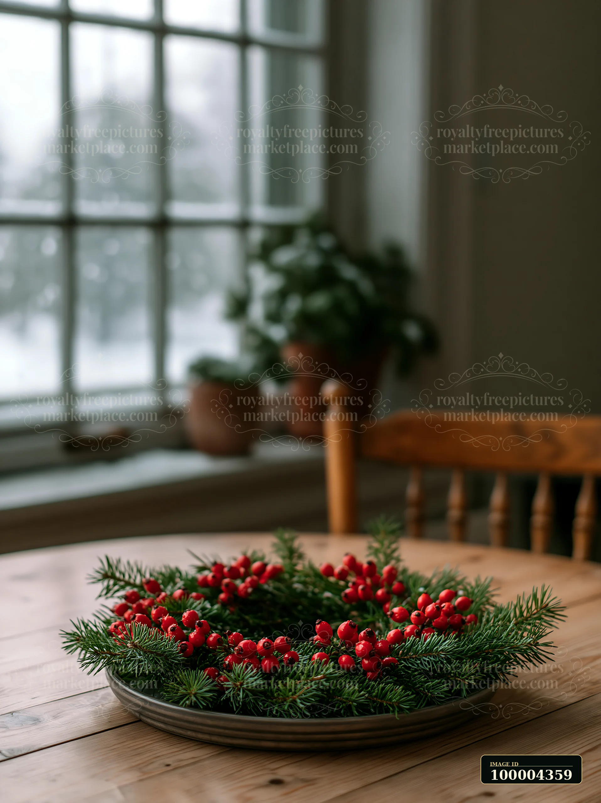 Pine wreath with red berries rests in a shallow dish on a wooden table near a softly blurred window.