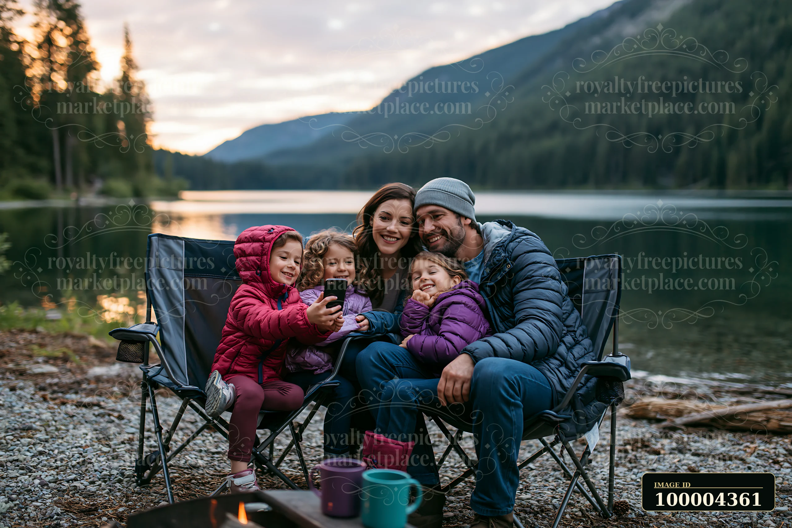 Family of five takes a selfie beside a mountain lake at sunset, seated in camping chairs at a lakeside campsite.