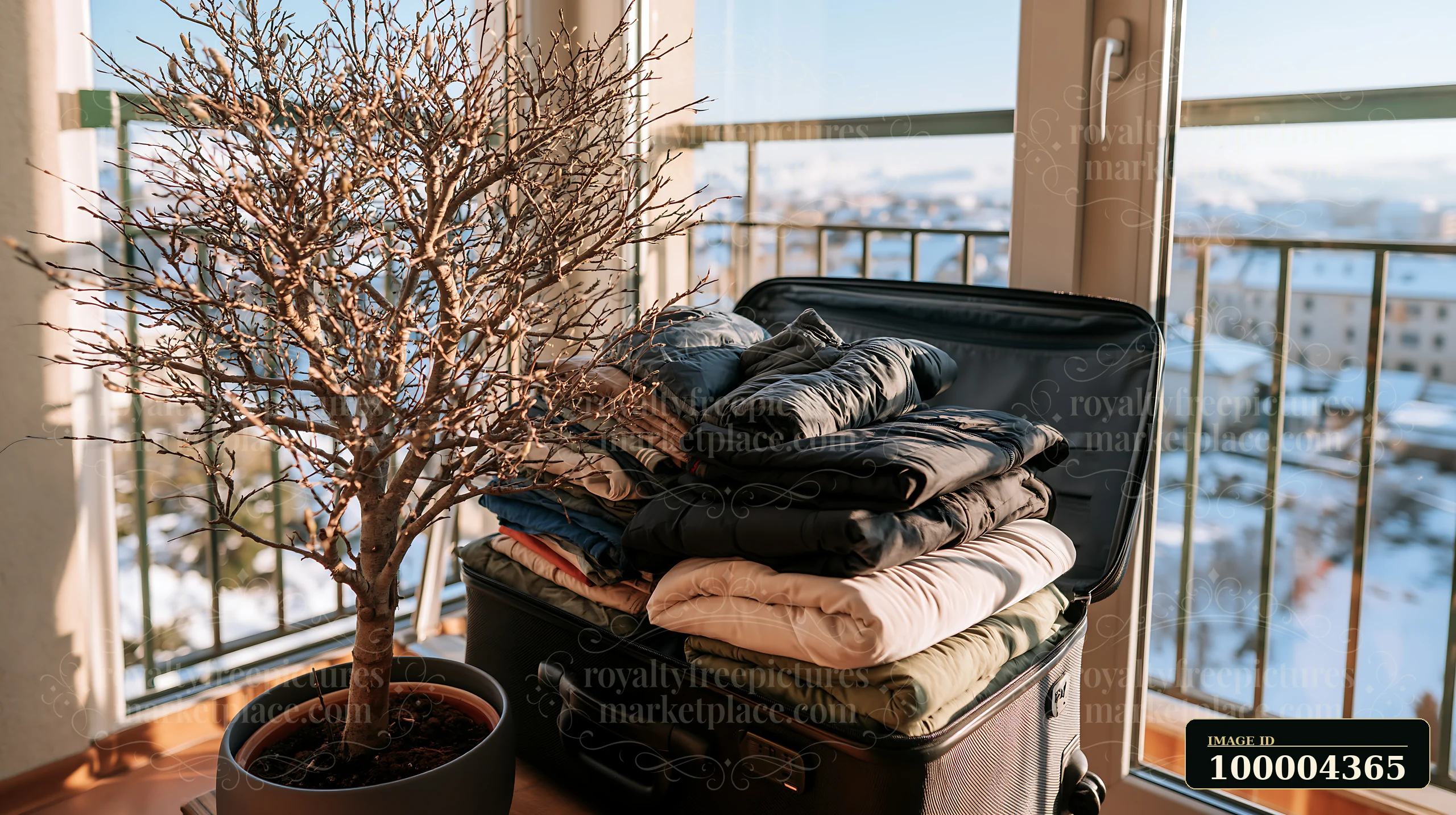 A suitcase is filled with packed clothes next to a small tree on a balcony.