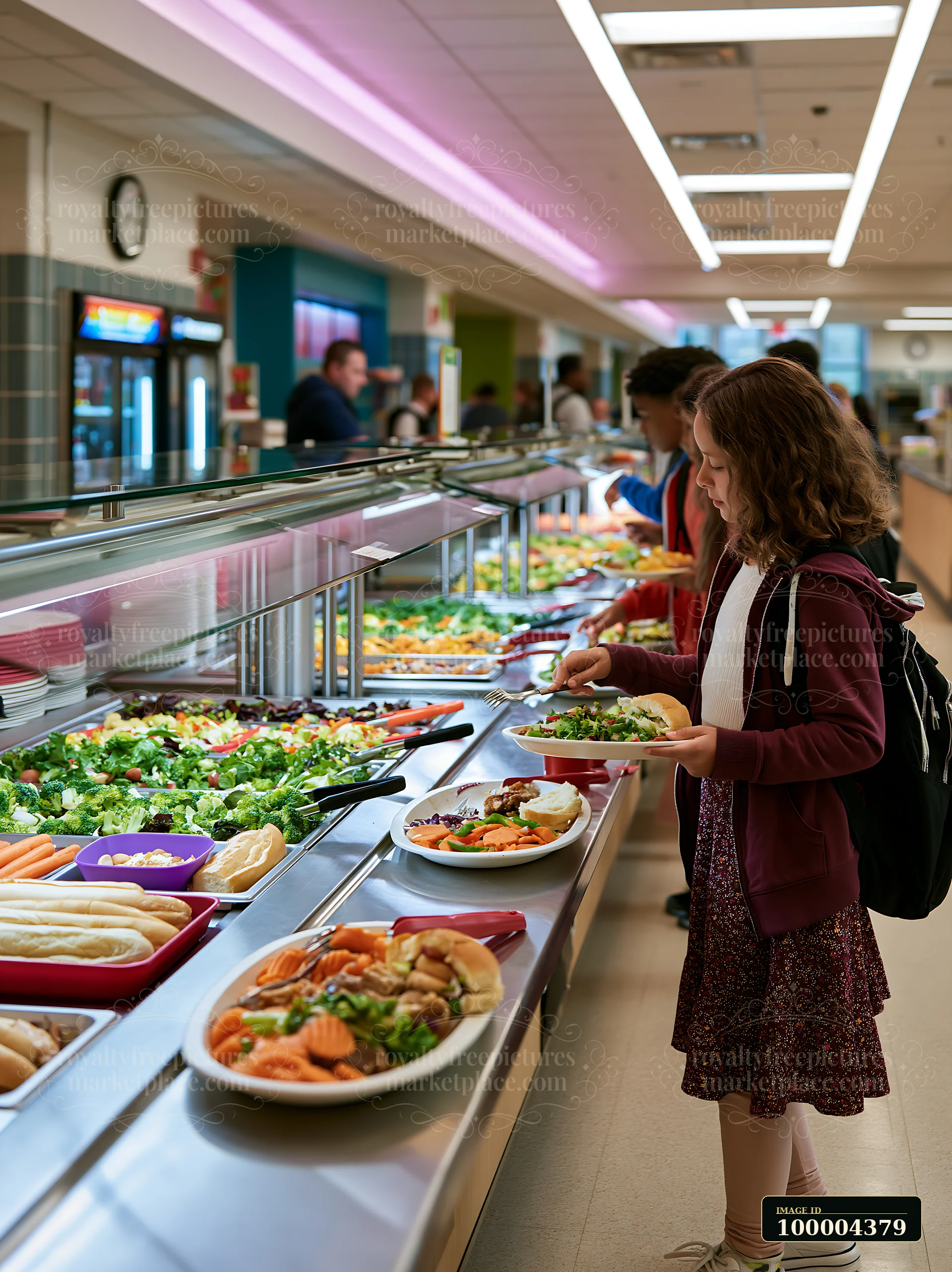 Student choosing vegetables and other foods from a school cafeteria buffet while holding a plate.