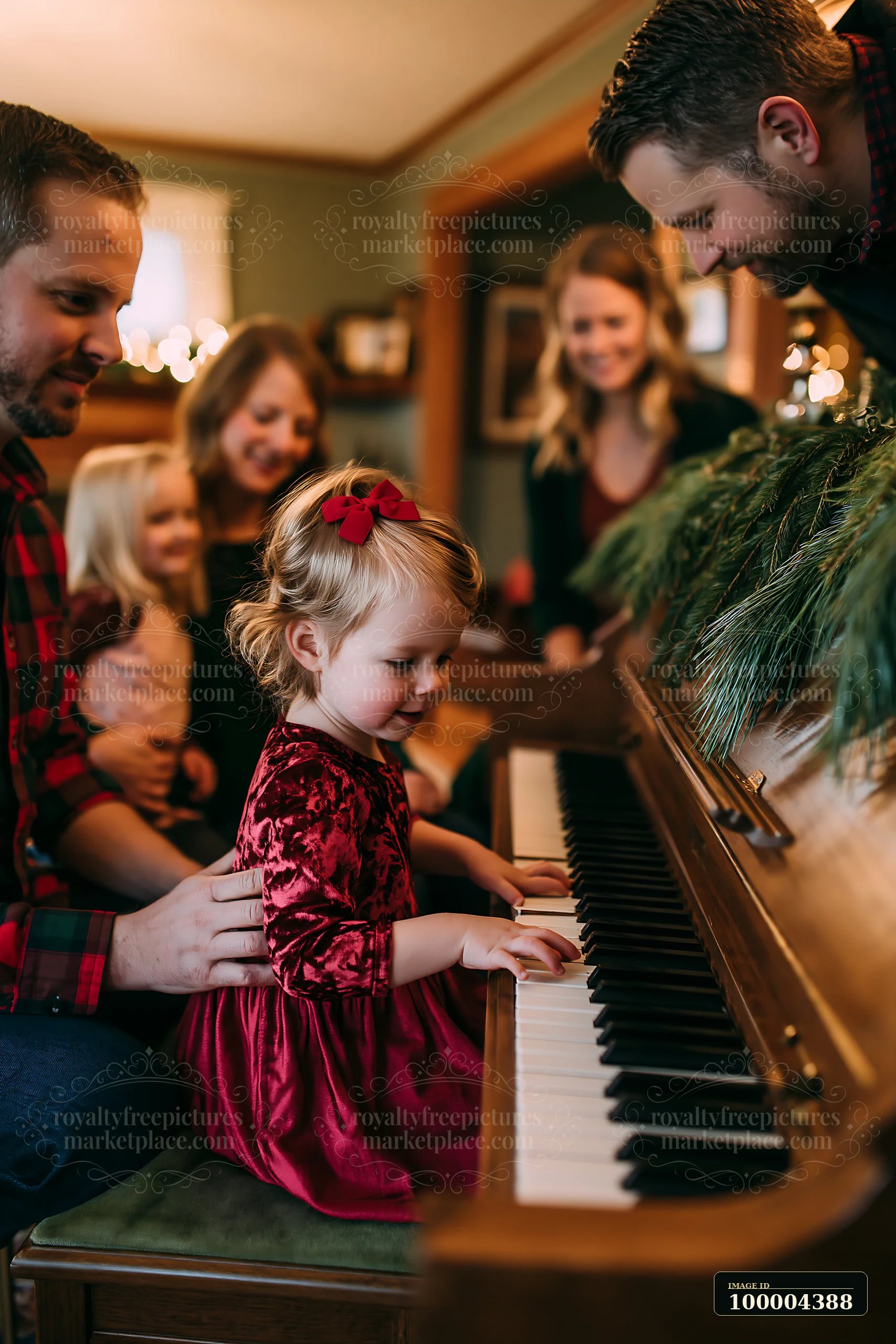 A family enjoys a holiday gathering at home, with a child playing the piano while relatives watch and smile.