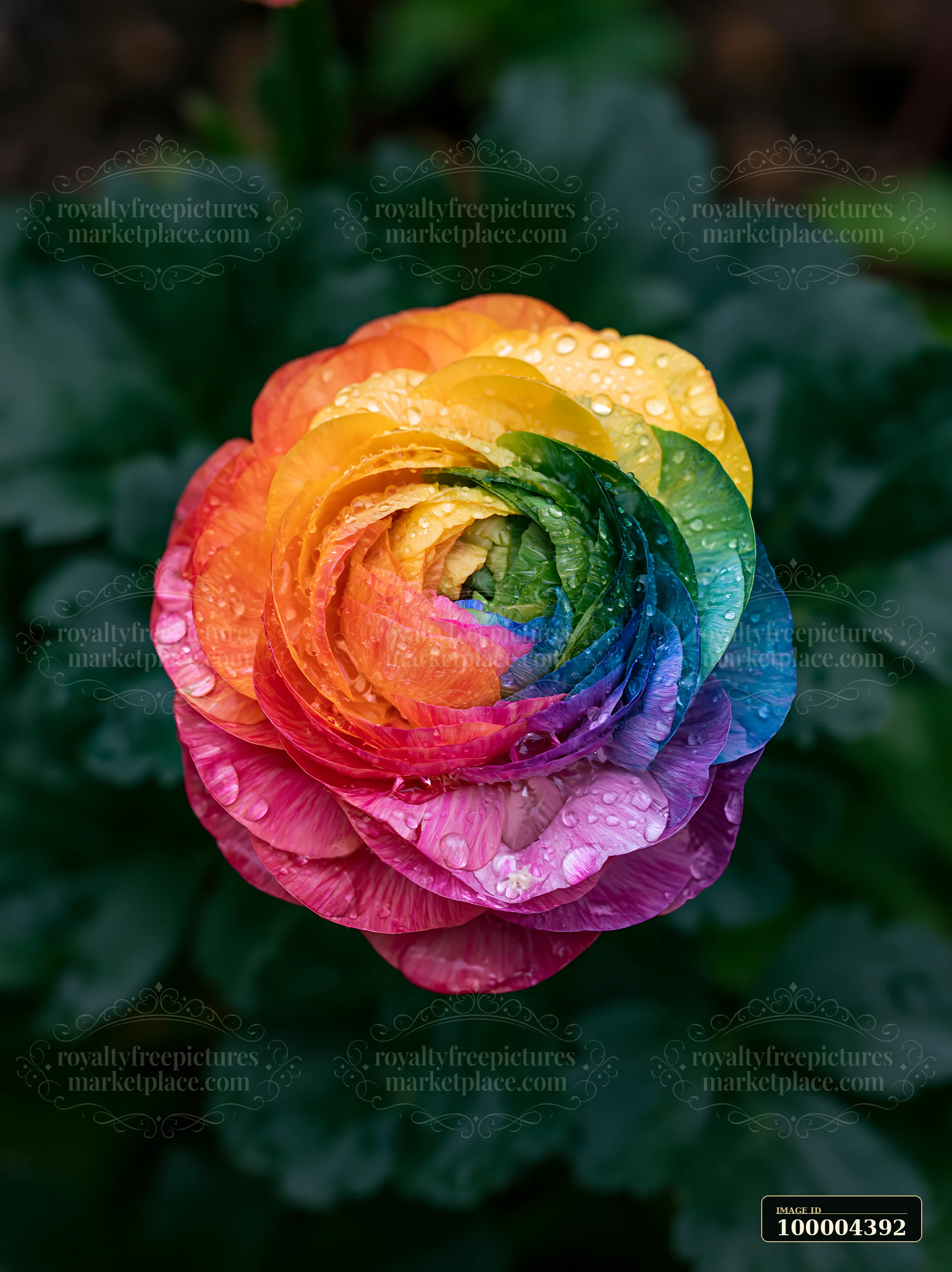 Colorful layered flower petals covered in raindrops against blurred dark green foliage.