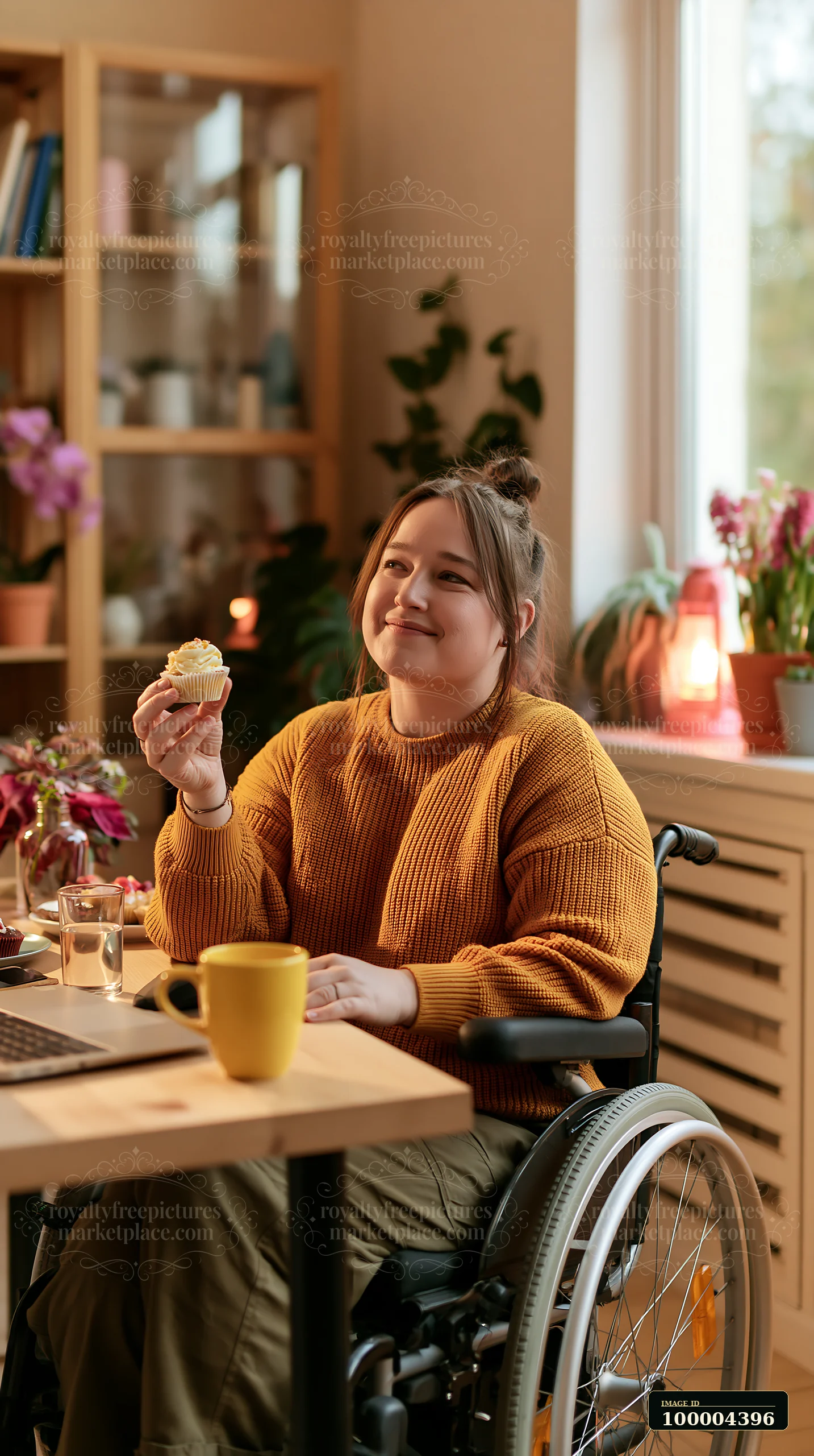 A woman in a wheelchair enjoys a cupcake while celebrating in her home office.