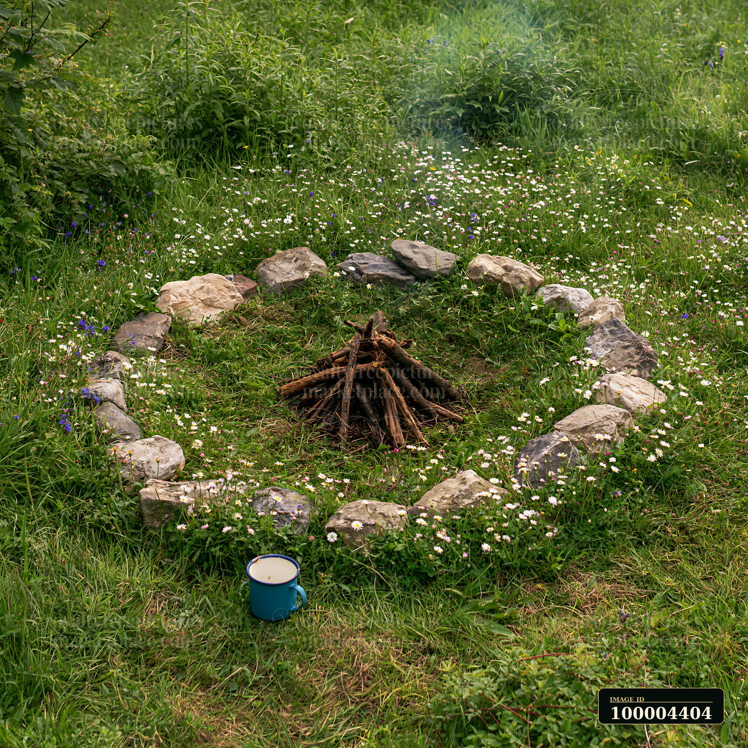 A round fire ring made of stones sits in a wildflower meadow.