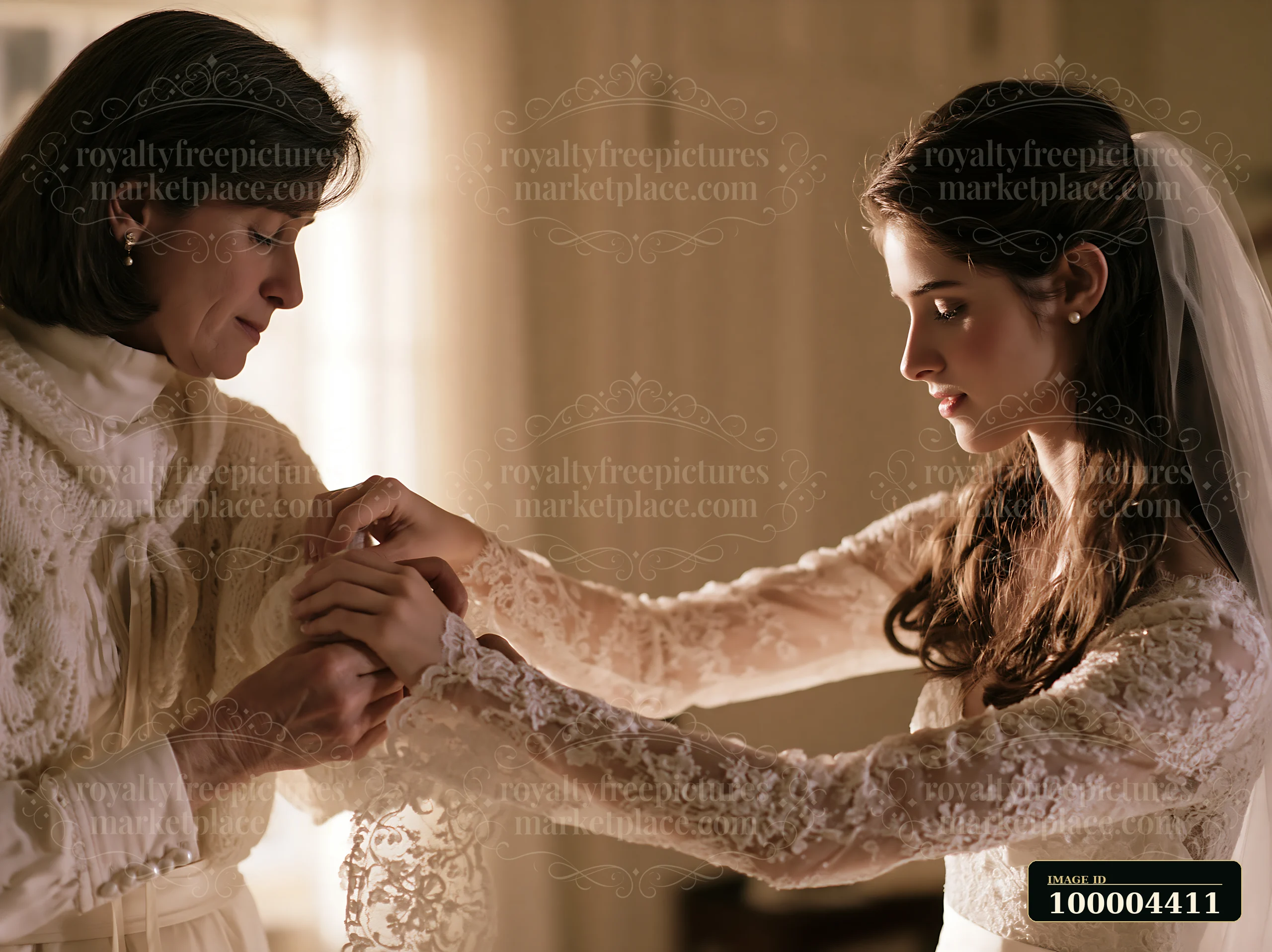 Bride in a lace dress and veil holds hands with an older woman in warm indoor light.