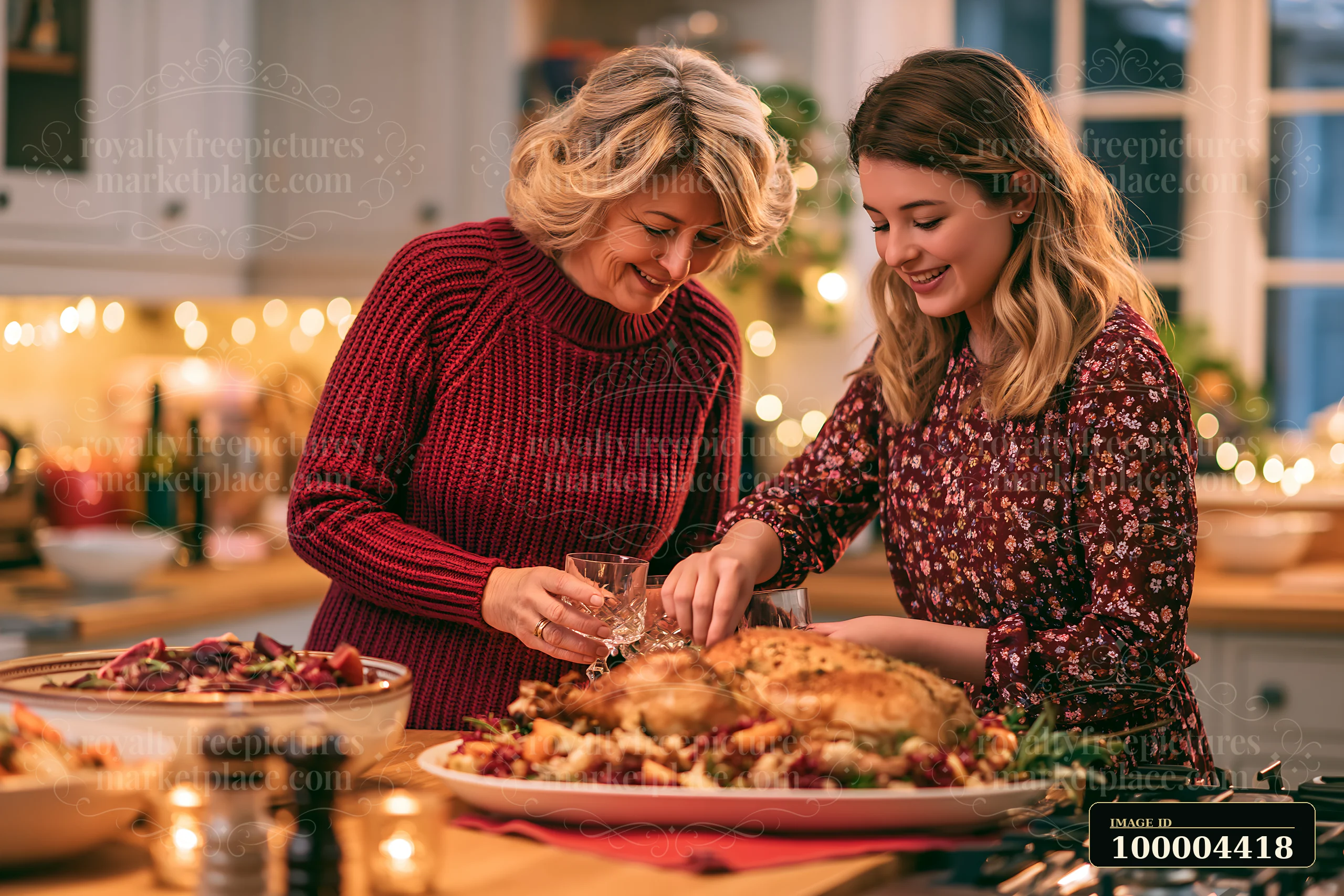 Two women prepare a festive Christmas dinner in a cozy kitchen.