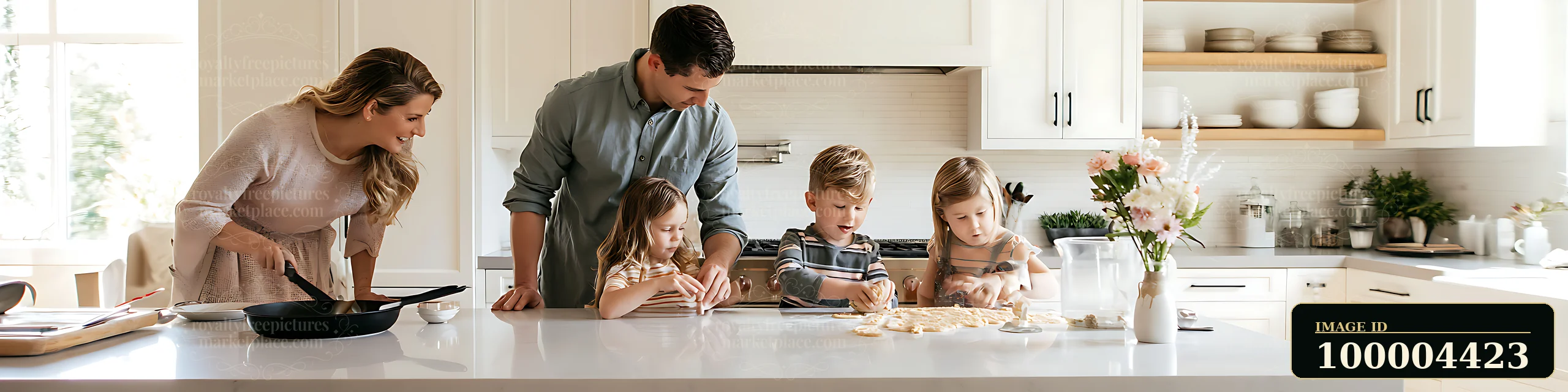 White parents are guiding their children as they bake cookies together in a bright kitchen.