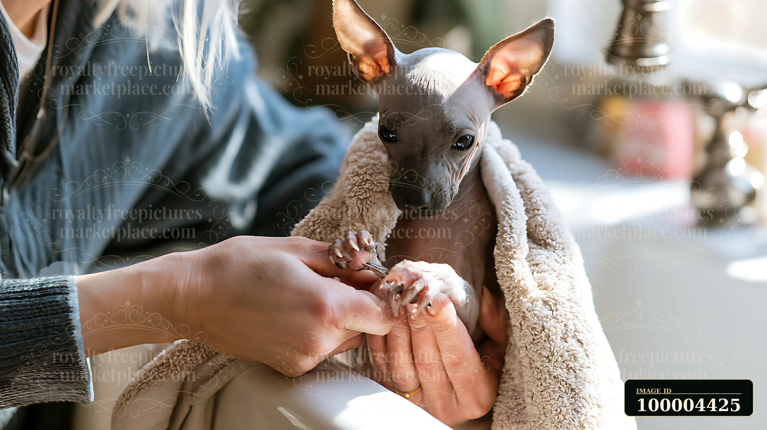 A small puppy is being gently groomed by a person while wrapped in a towel near a sunny window.