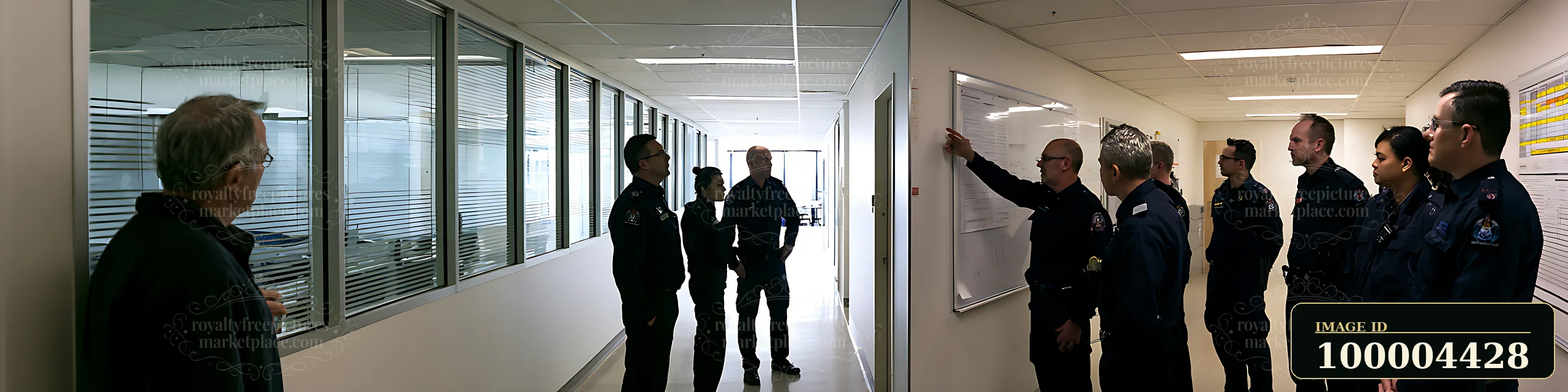 Police chief points at an operations planning board while uniformed officers observe in an office hallway.