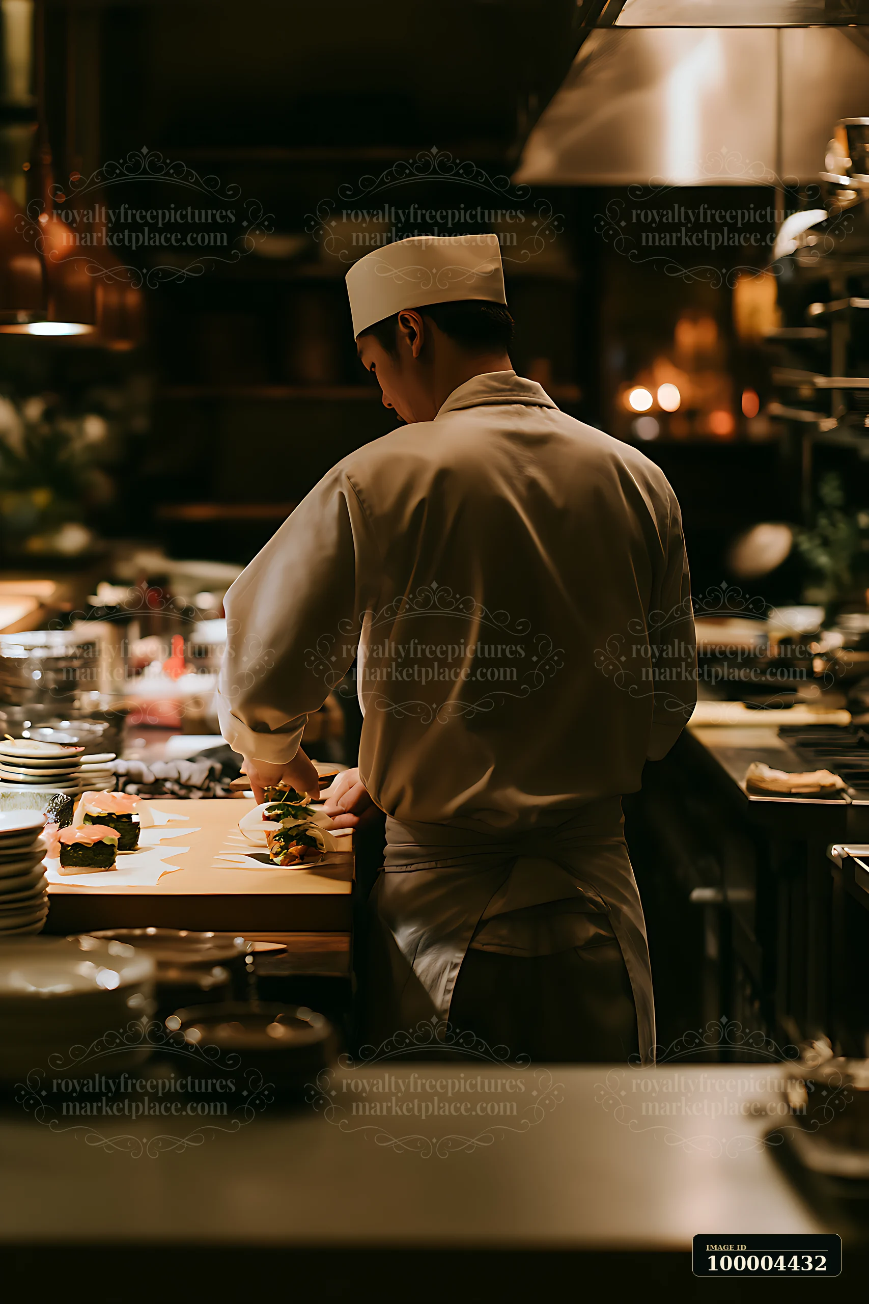 A sushi chef is preparing rolls at a counter in a dimly lit restaurant.