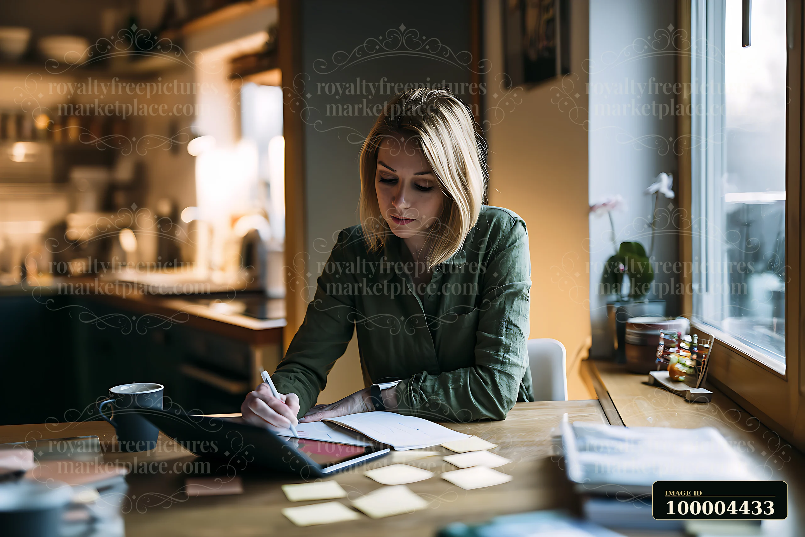 A businesswoman writes notes and manages a project timeline on a tablet at a kitchen table.