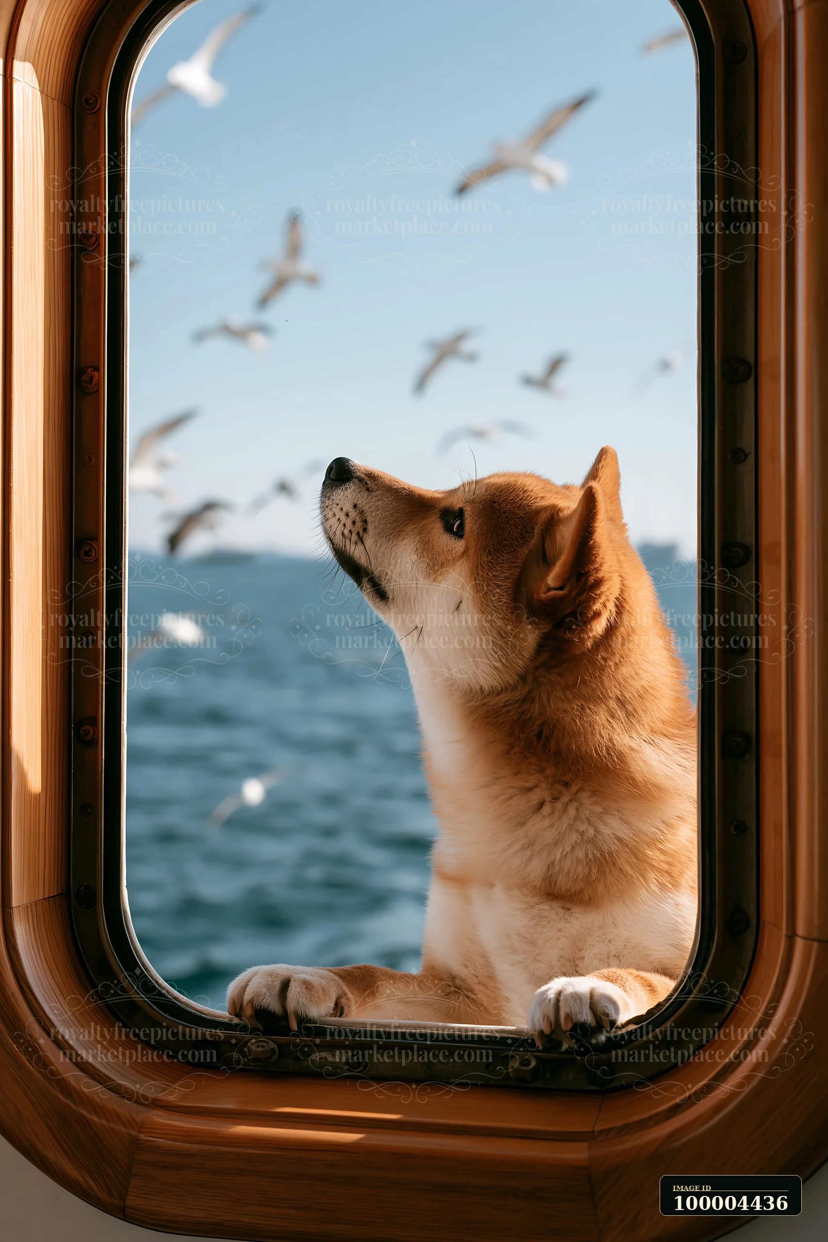 Shiba inu looks through a wooden boat porthole toward the sea and flying seabirds.