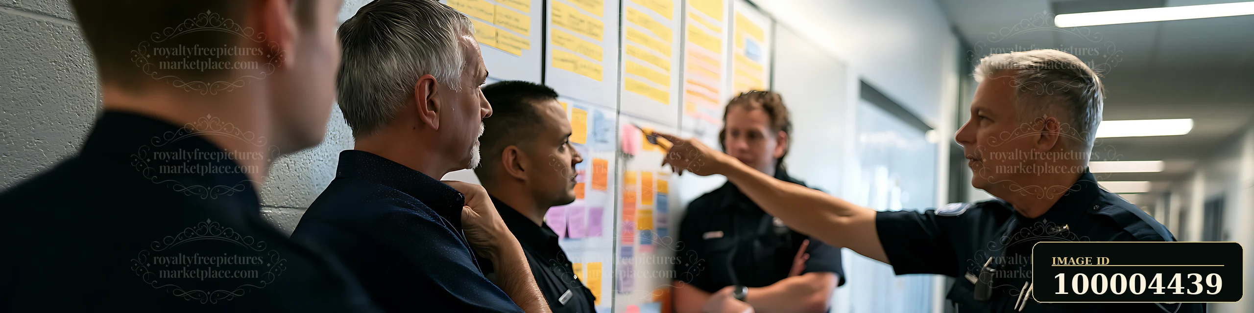 A police chief is explaining a strategy to his team at the operations planning board in a well-lit corridor.