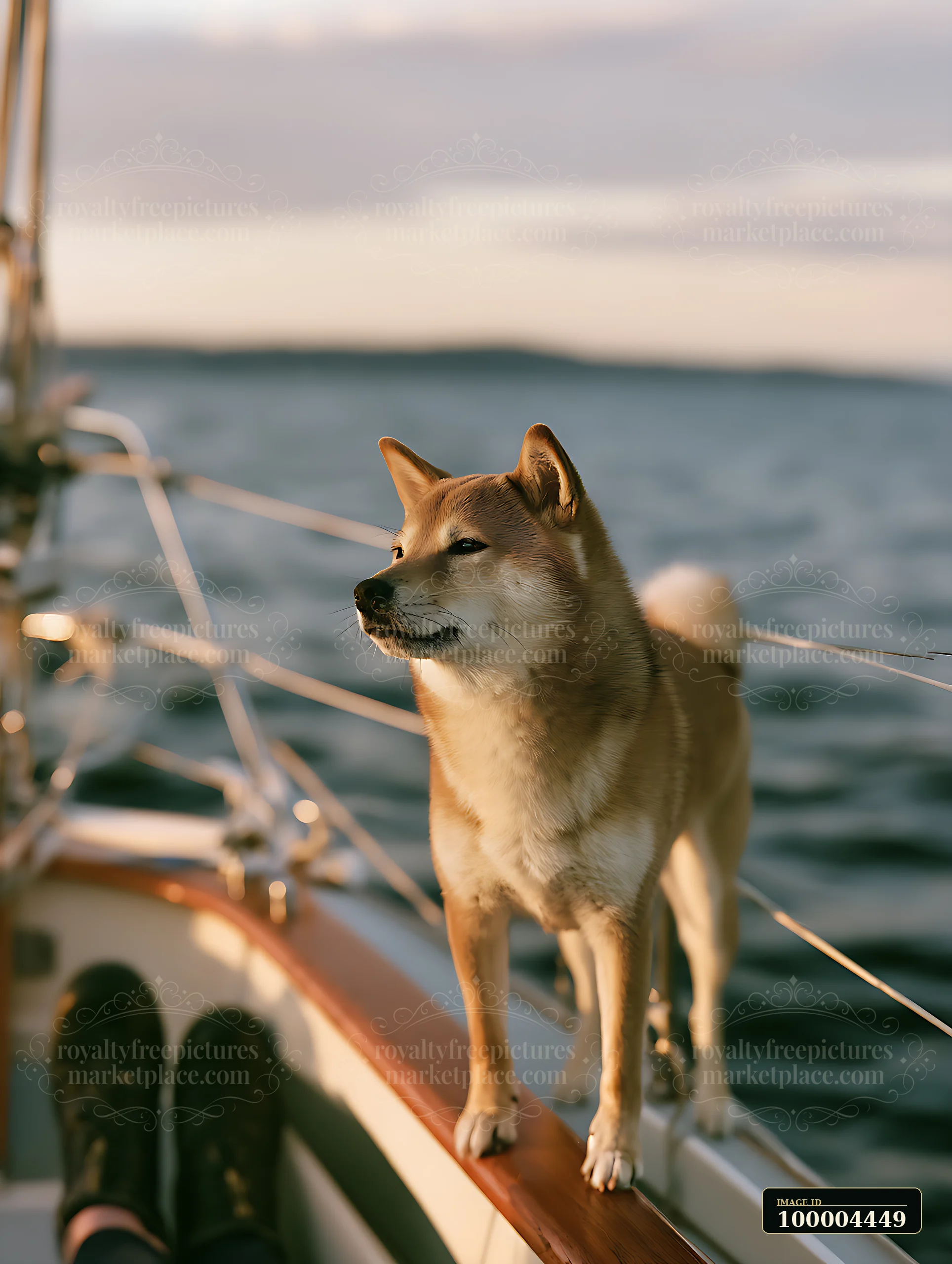 Shiba Inu standing on a yacht deck at sunset with the sea and railings behind it.