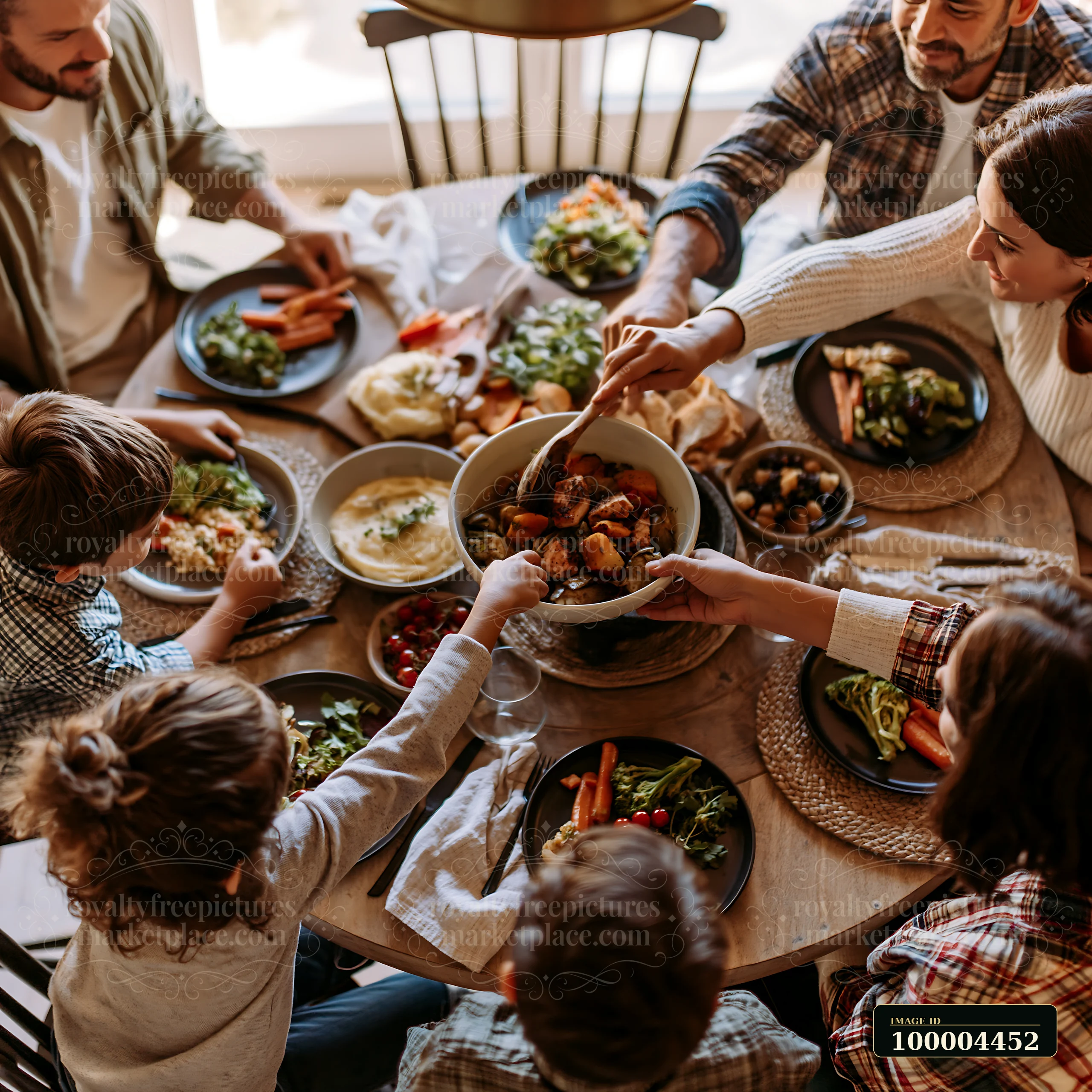 Family members share a festive buffet dinner around a dining table at home.
