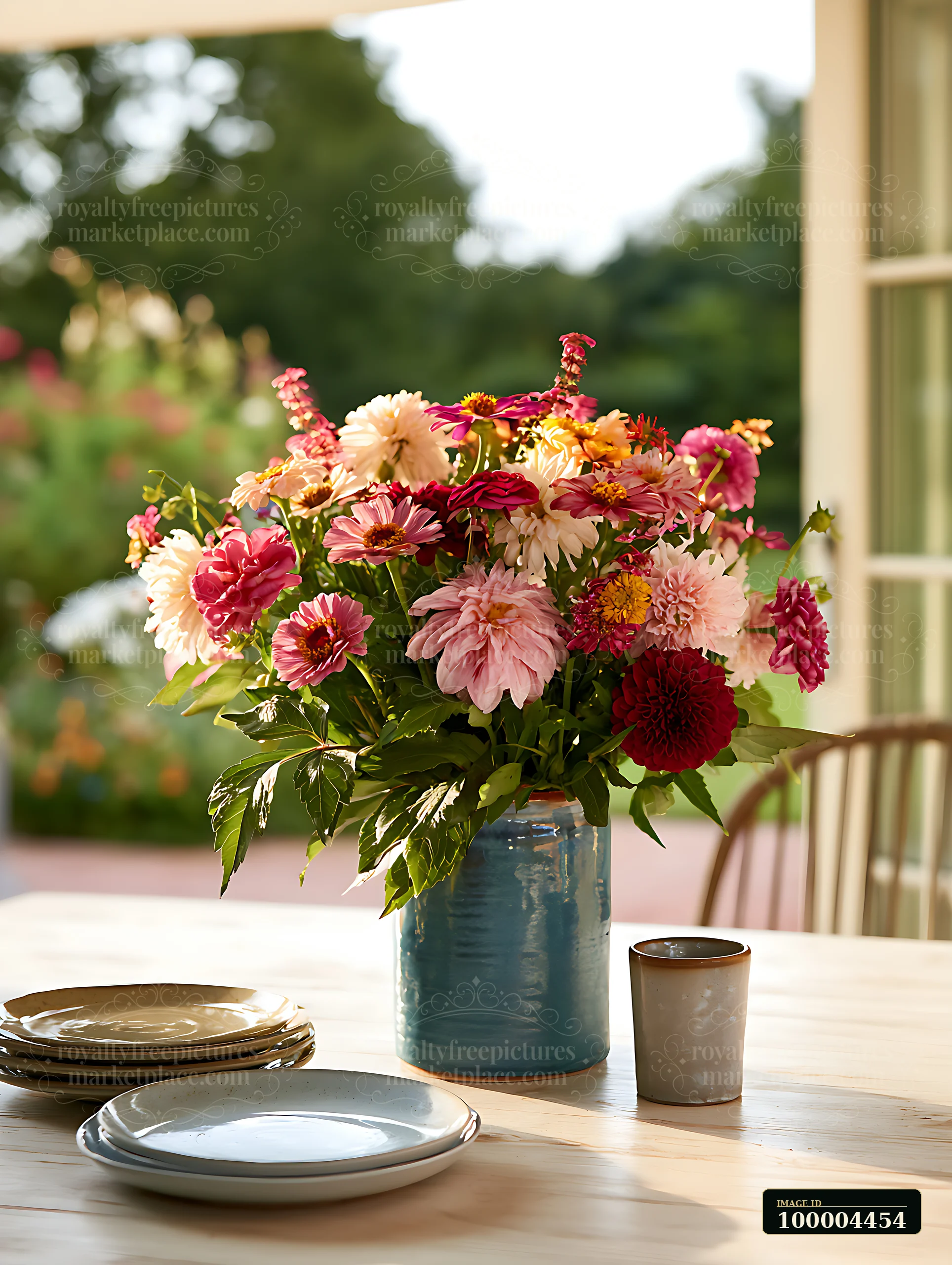 A blue ceramic vase holds mixed flowers and sits on a dining table outdoors.