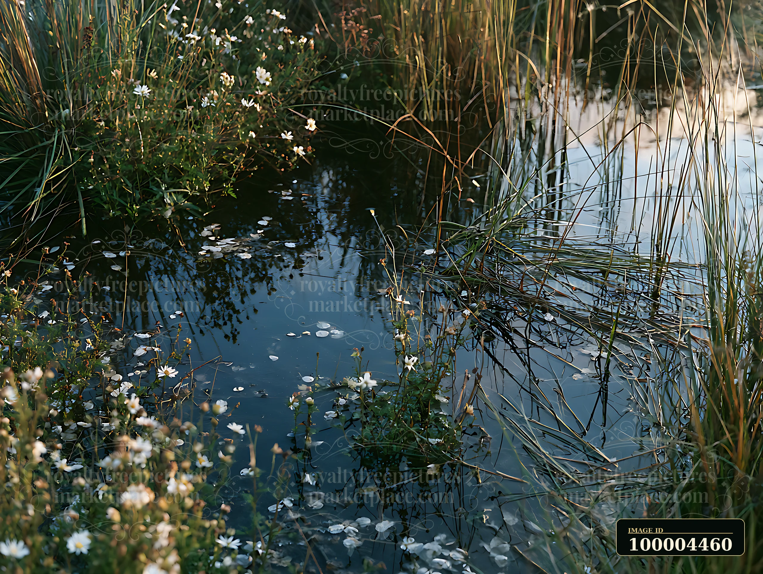 Tall reeds and fading white flowers surround a calm reflective wetland pool in an autumn coastal meadow.