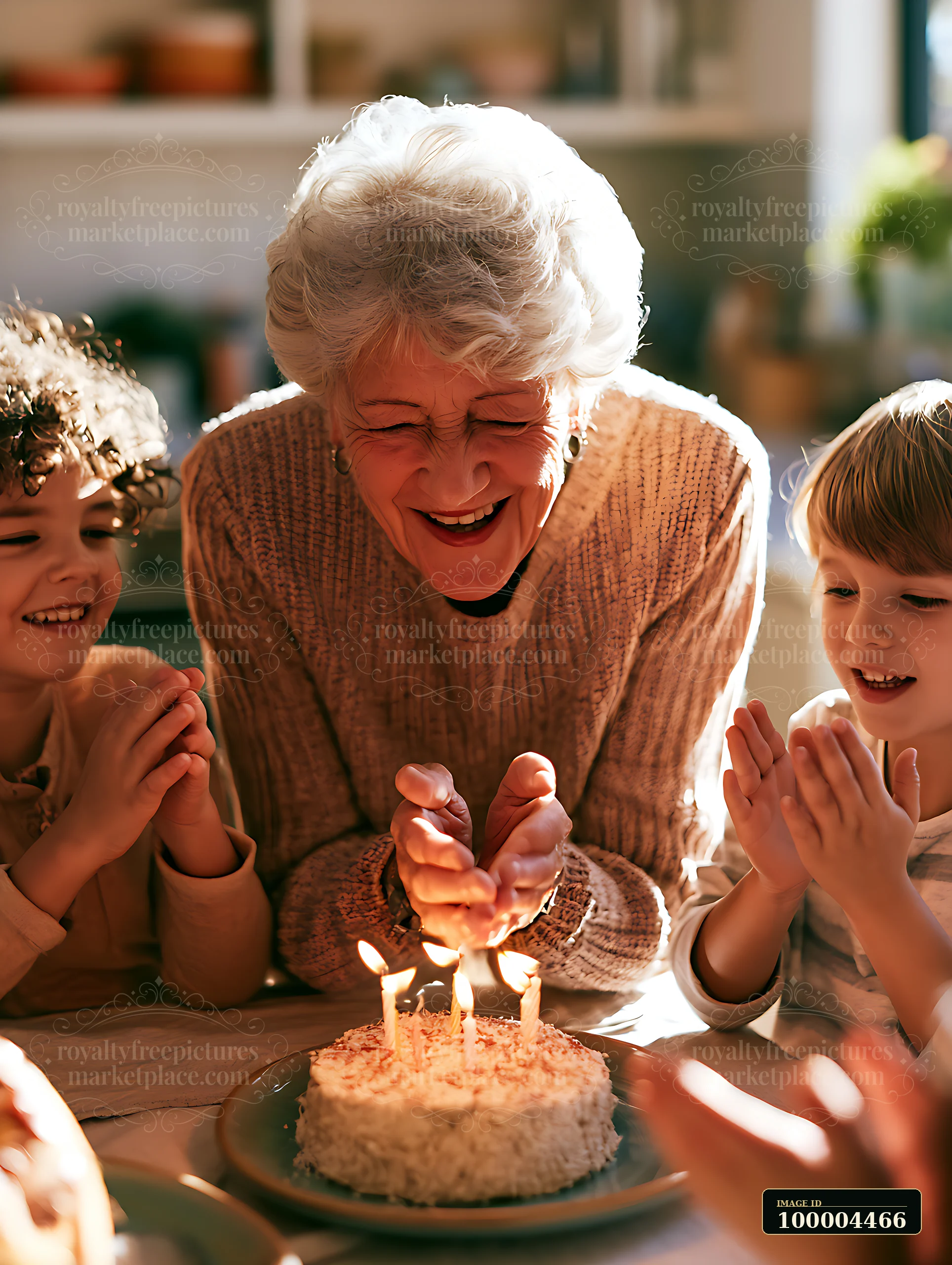 A senior woman enjoys her birthday celebration at home with two children.